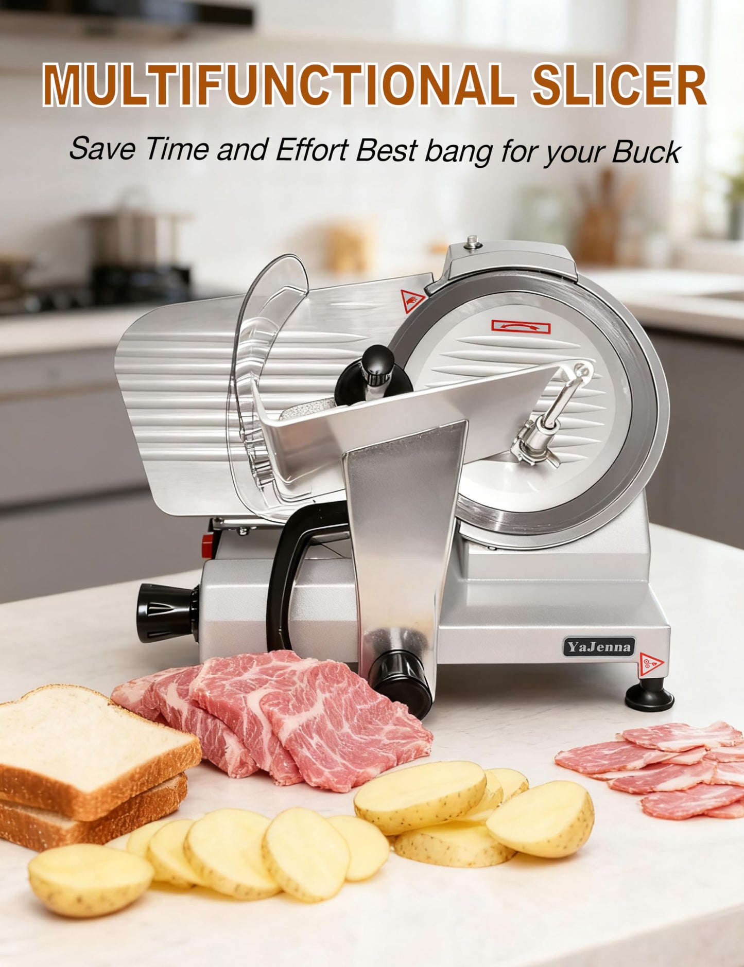 YaJenna Electric Meat Slicer 10" 300W Deli and Ham Food Cheese Jerky Steak Slicer Cutting Machine Semi-Auto 0-15MM Adjustable Slice Thickness