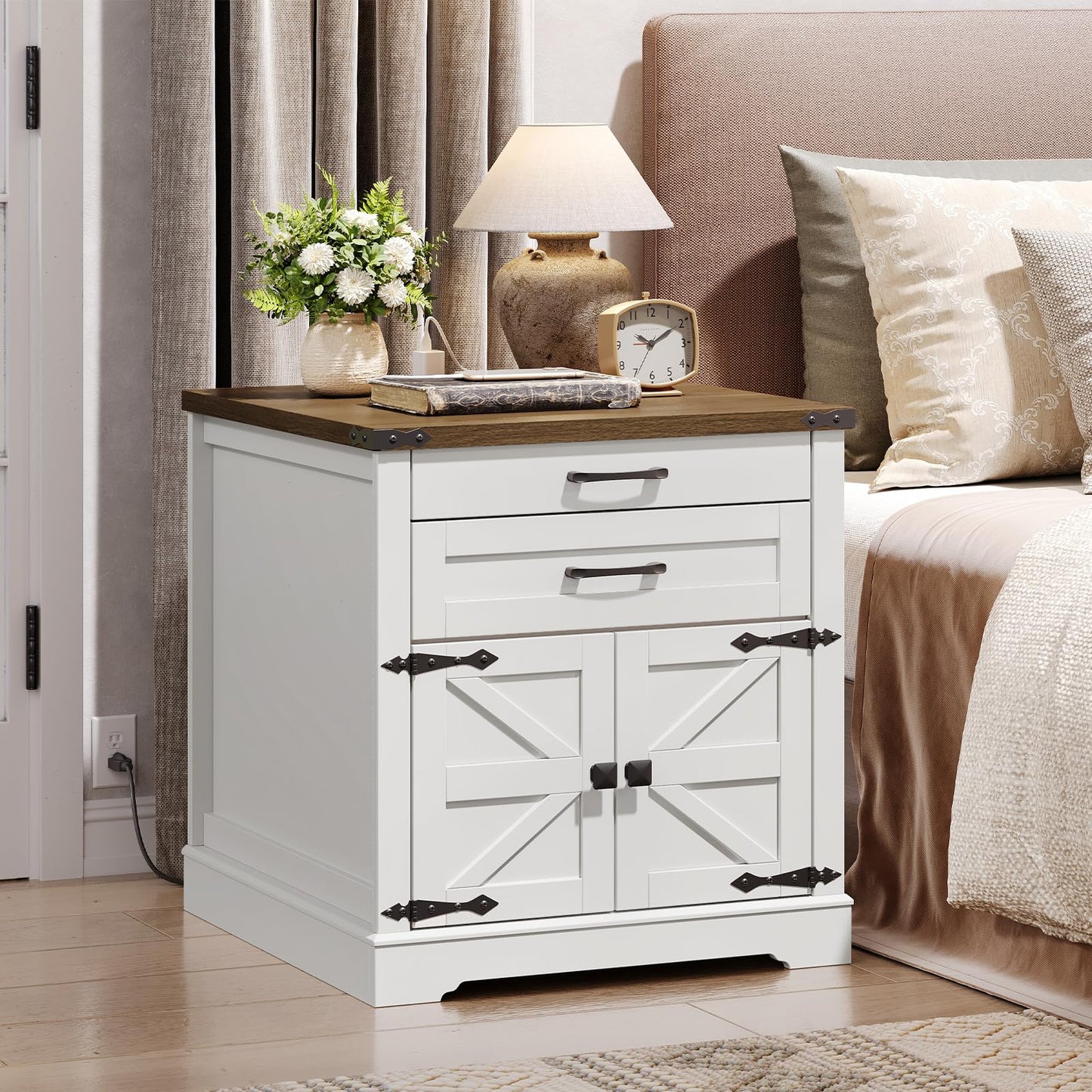 RALGEND Farmhouse End Table Set of 2, 24'' Sofa Side Table with 2 Drawers and Barn Door, Large Rustic Wooden Square Nightstand for Bedroom, Living Room, White and Walnut