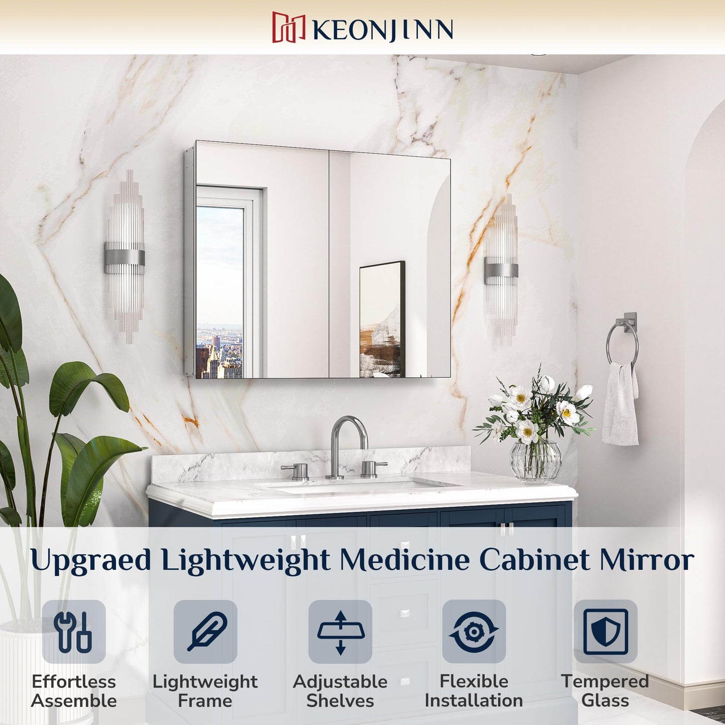 Keonjinn 30 x 26 Inch Bathroom Medicine Cabinet with Mirror, Assembly Required, Combined Double Doors Wall Cabinets, Flexiable Ample Storage, Recessed or Surface Mount, Soft Closing