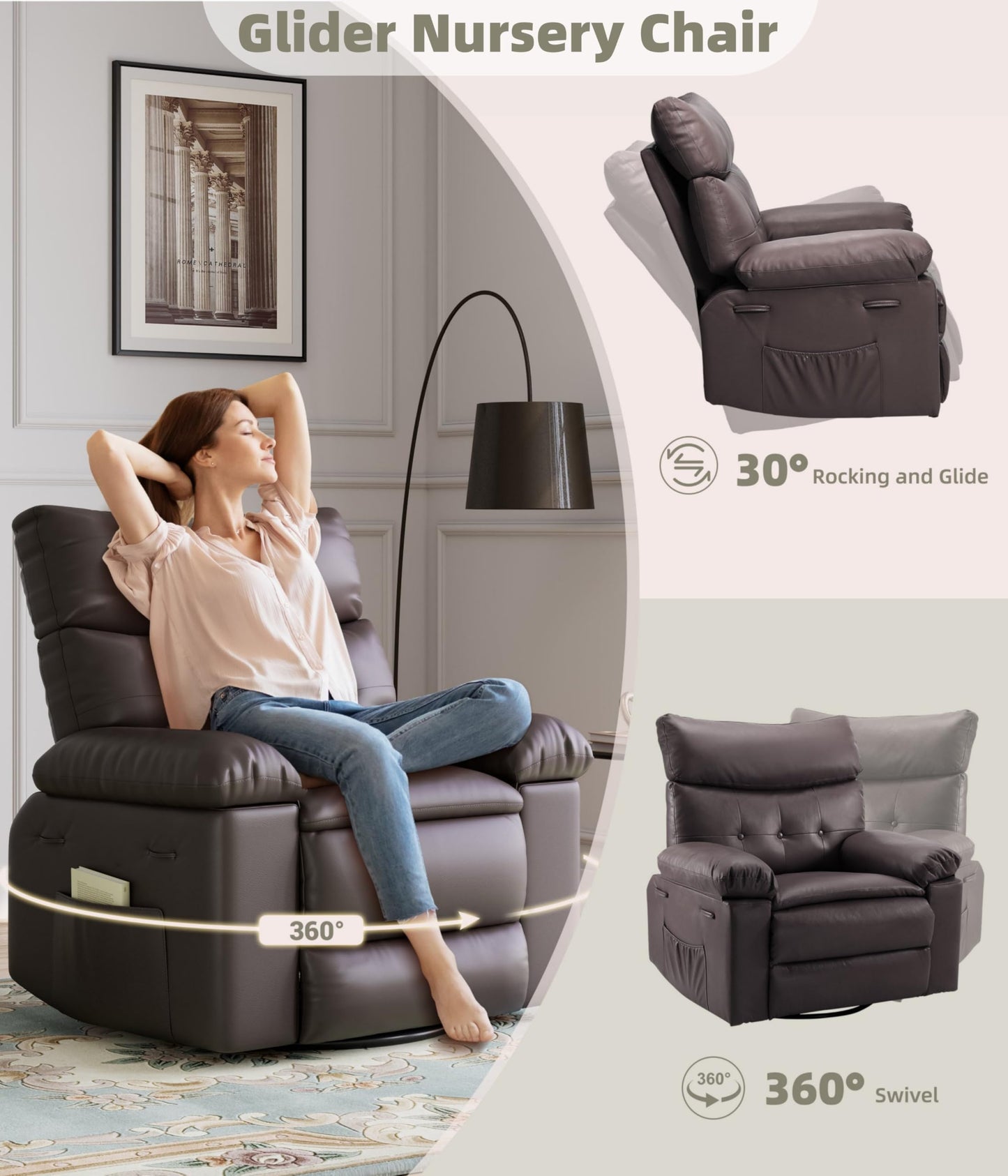 Garvee Oversized Swivel Rocker Recliner Chair - Heat and Massage, Leather Manual Recliner for Adults, Lazy Chair with Comfort Arms and Back Single Sofa for Living Room