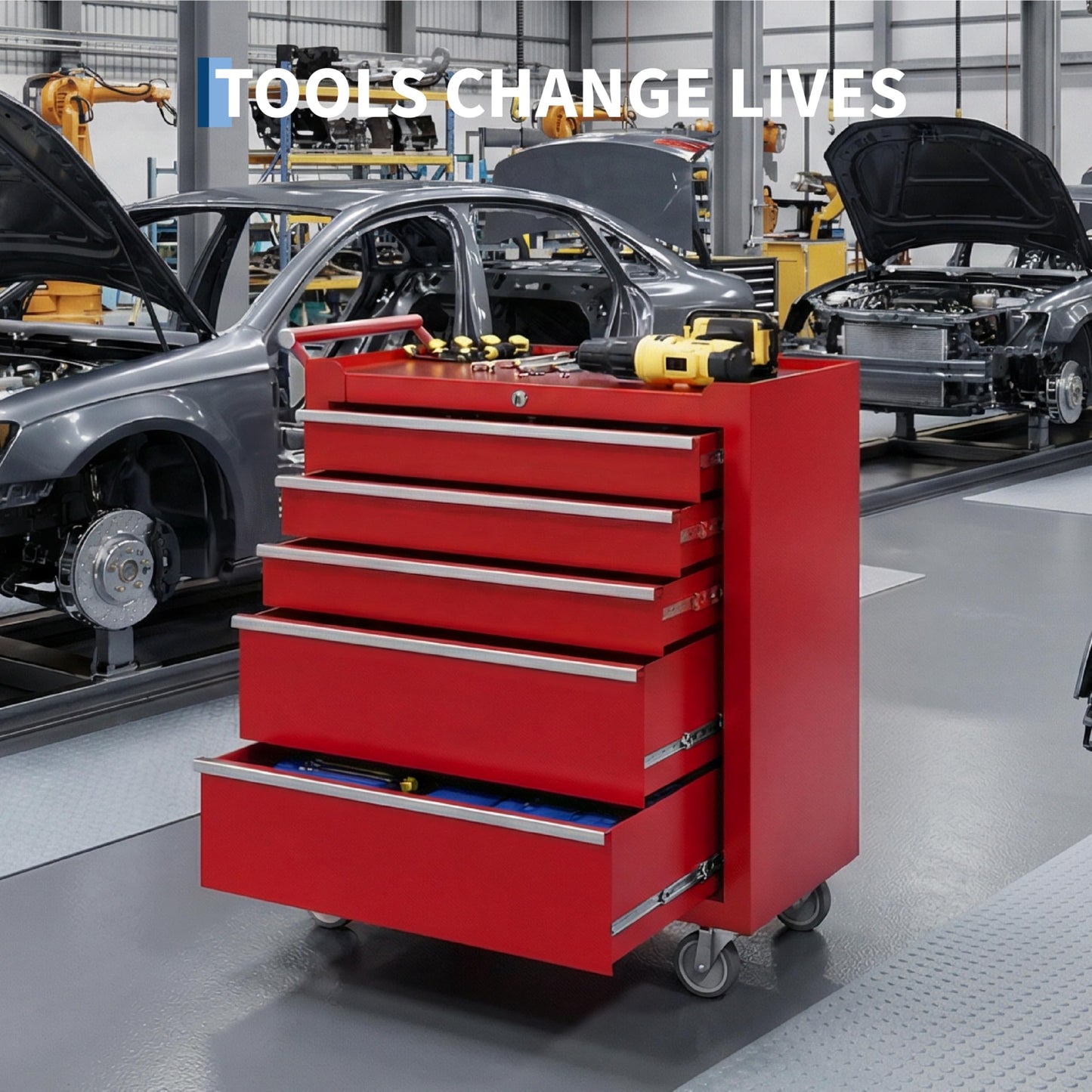 Rolling Tool Chest with Wheels, 5 Drawer Tool Storage Cabinet, Portable Toolbox Organizer with Lock, Heavy Duty Tool Chest Cart for Garage, Mechanic, Workshop, Shop, Mobile Tool Organizer, Red