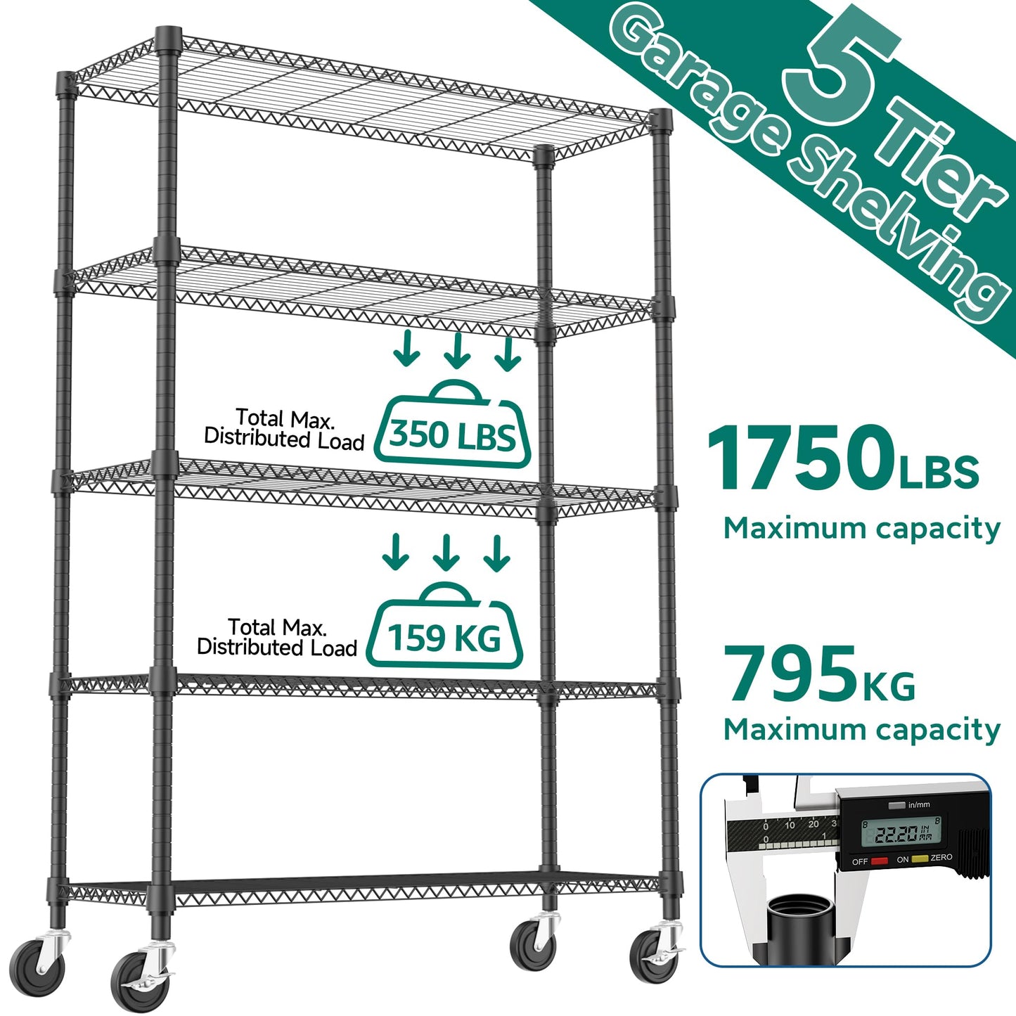 M MZG 1750LBS 47.2" W 5 Tiers Storage Shelves Metal Shelving Unit with Wheels Heavy Duty Garage Shelving Adjustable Wire Shelves for Pantry,Kitchen,Garage,Basement,Black 17.7" D x 47.2" W x 76.8" H