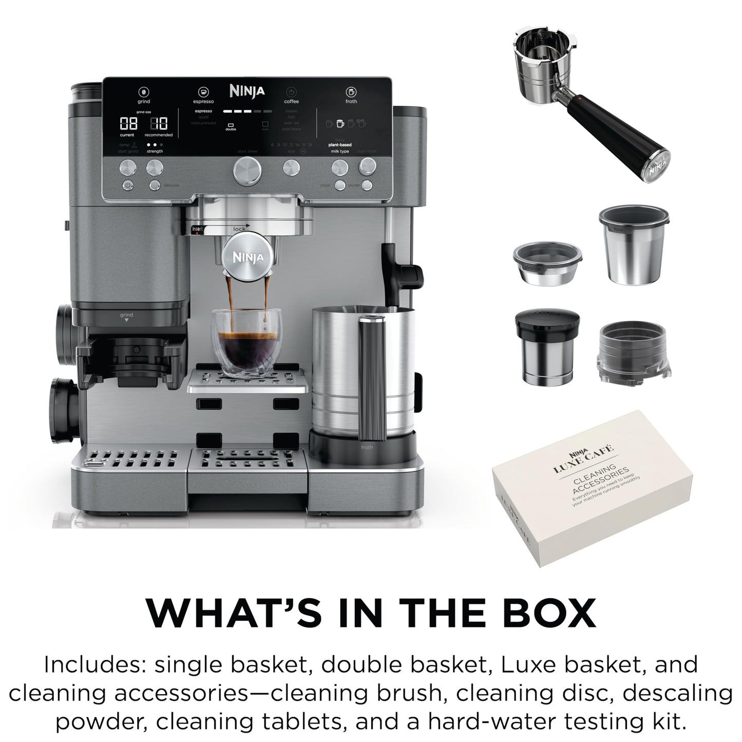 Ninja Luxe Café Premier 3-in-1 Espresso Machine, Drip Coffee, & Rapid Cold Brew | Built-in Coffee Grinder, Hands-Free Milk Frother, Assisted Tamper for Cappuccinos & Lattes | Gunmetal | ES601GM