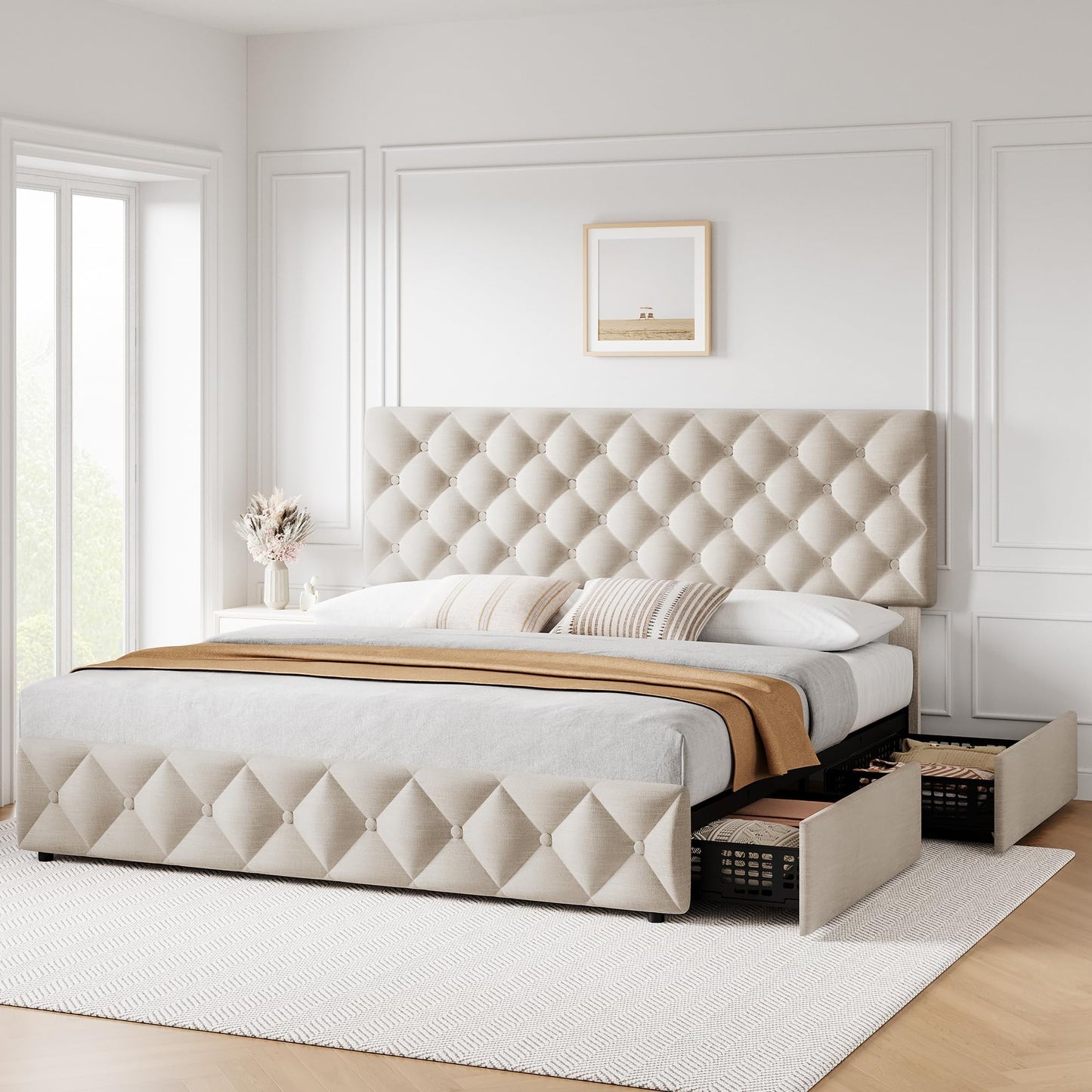 IDEALHOUSE Full Size Bed Frame with 4 Drawers, Upholstered Platform Bed Frame with Headboard, Wooden Slat, No Box Spring Need, Beige