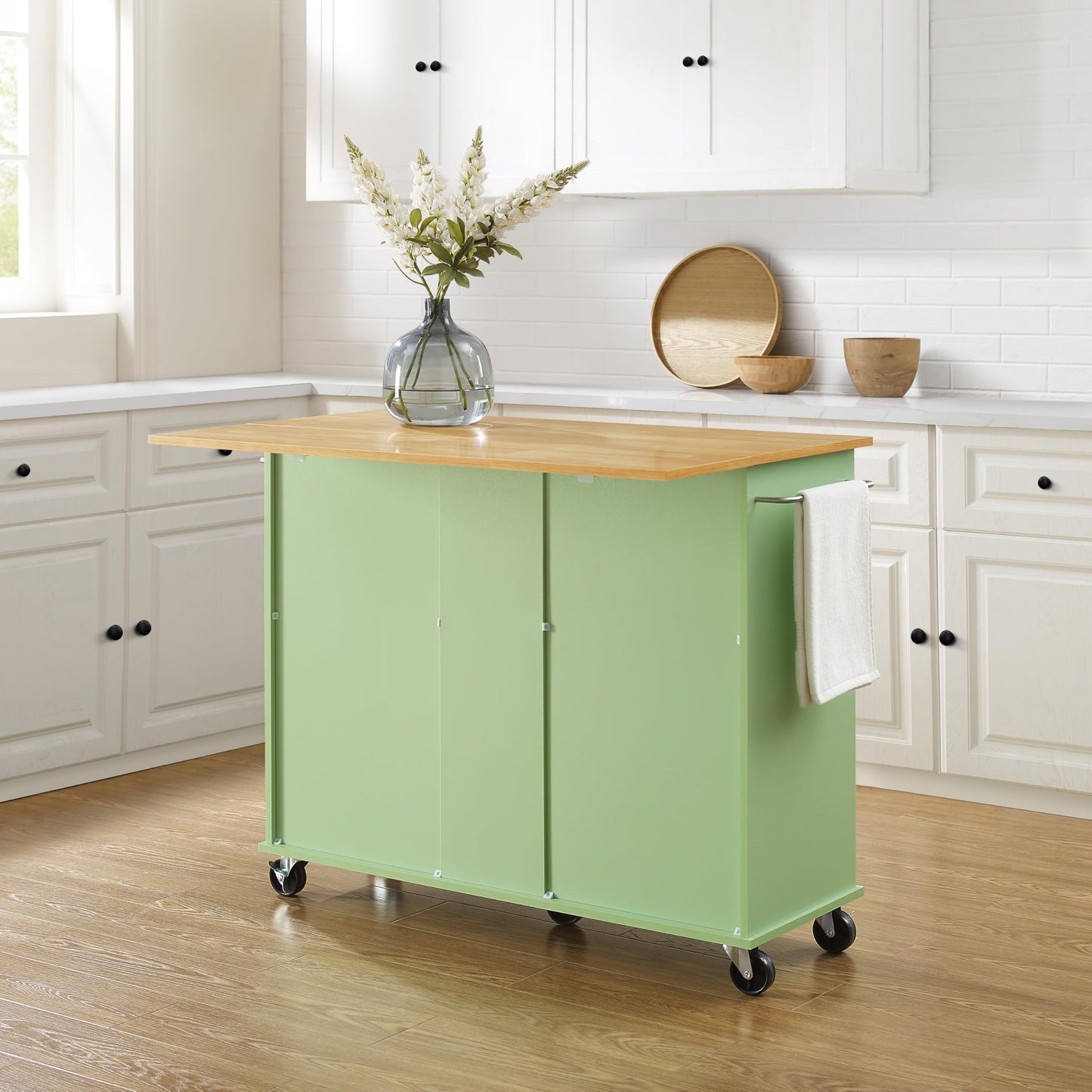 Crosley Furniture Stella Rolling Storage Cart and Kitchen Island with Shelves, Microwave Stand, Coffee Bar, Mint/Natural