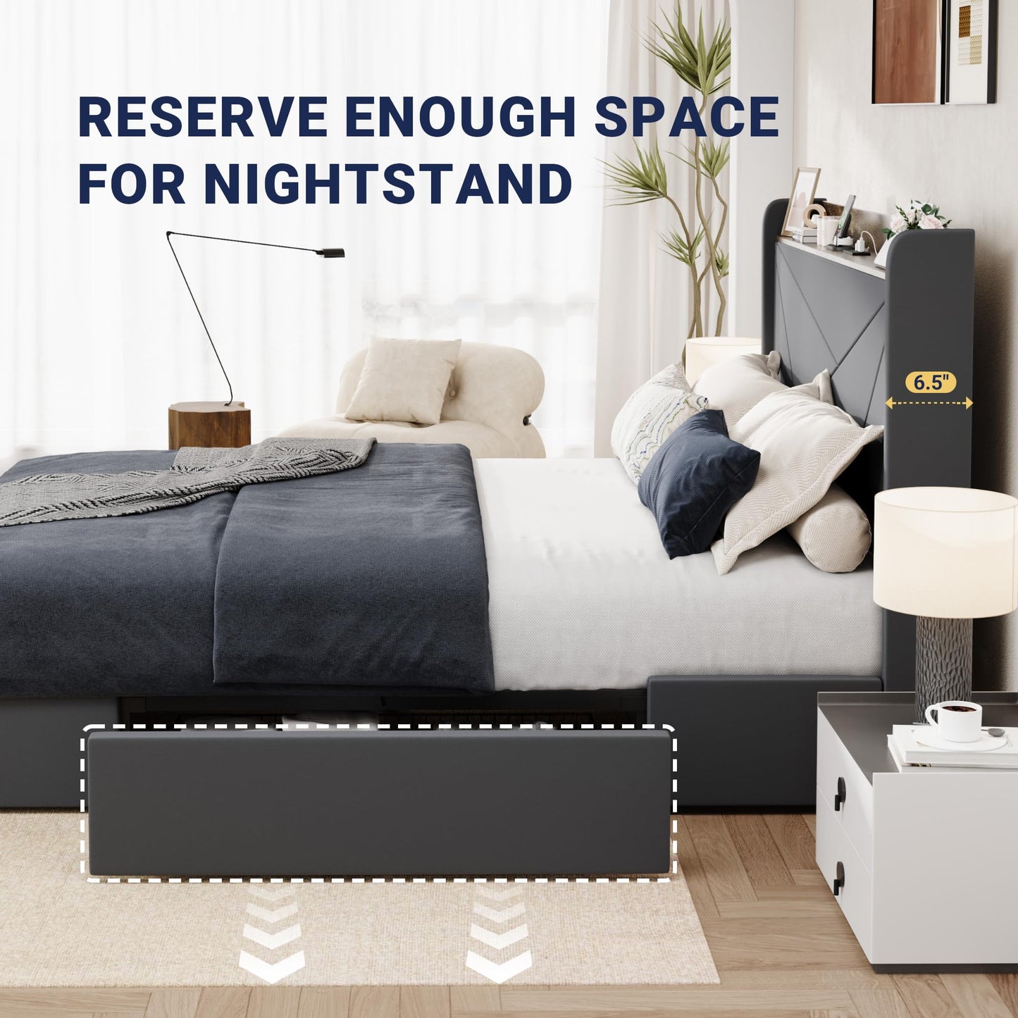 Allewie Full Size Velvet Bed Frame with 3 Storage Drawers, Upholstered Platform Bed with Wingback Storage Headboard and USB Ports, No Box Spring Needed, Easy Assembly, Grey