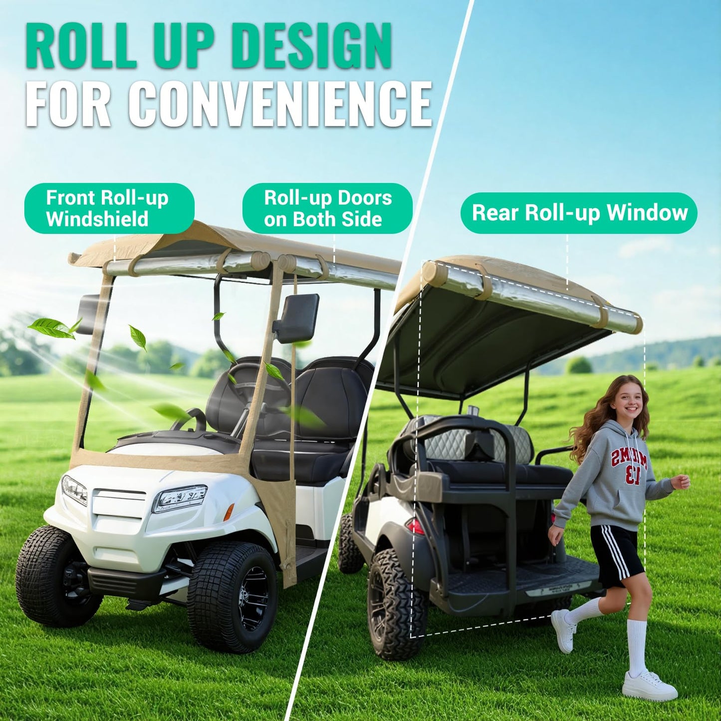 LUPPLE 6 Passenger Golf Cart Enclosure for EZGO Express S6 L6 Extended Roof 116in, 6 Seater Driving Rain Cover with 4-Sided Roll-up Zipper Door Waterproof Windproof (Khaki)