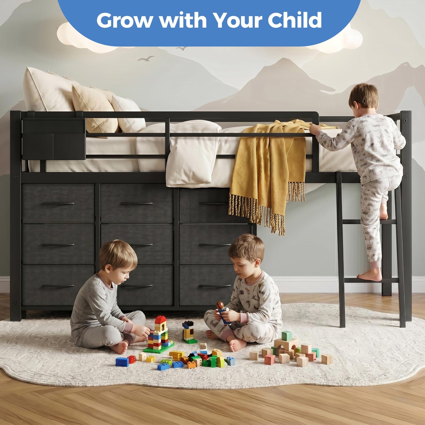 IZLKQC Twin Loft Bed with 9 Storage Drawers, Charging Station, LED Lights & 2 Shelves, Heavy Duty Metal Twin Low Loft Bed with Guardrail, Twin Size Low Loft for Kids & Teens (Black)