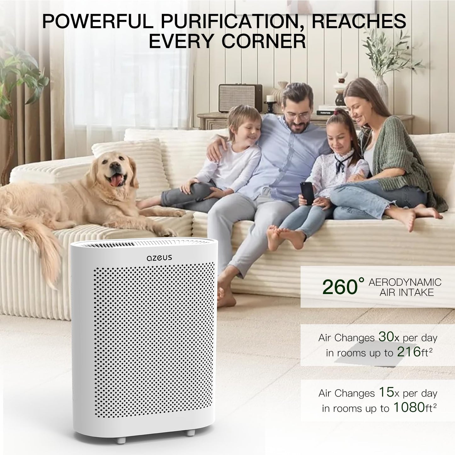 Azeus FS32 True HEPA Air Purifier for Large Rooms, White, High CADR 400m³/h, Smoke Dust Pet Dander Removal, Auto Mode with Air Quality Senso