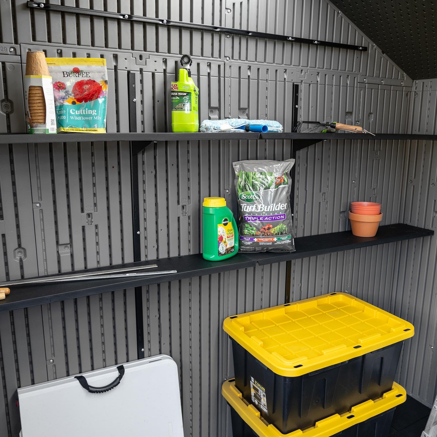 Lifetime Dual Entry Outdoor Storage Shed, 15 x 8 Ft, Steel‑Reinforced, UV‑Protected, Weather‑Resistant Backyard Garden Shed with Skylights, Windows & Shelving, Storm Dust