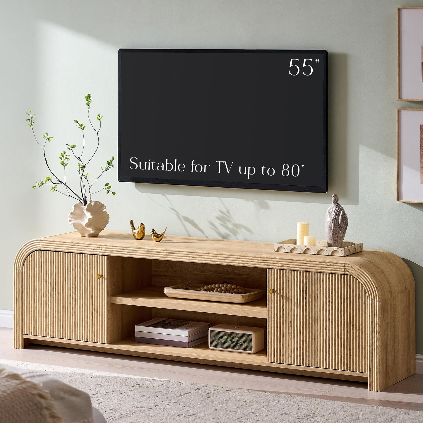 T4TREAM 70" Modern Fluted TV Stand with Storage, Natural Oak