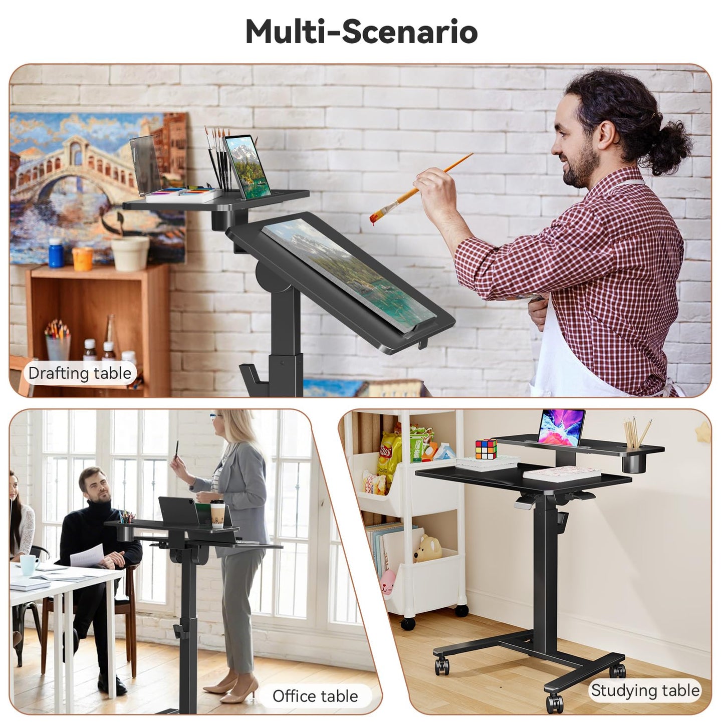 Liftsync 28Inch Rolling Standing Desk On Wheels, Small Computer Workstation Adjustable Height, Mobile Laptop Stand with Tiltable Desktop, 2-Tier Portable Study Table with Storage Shelves, Black