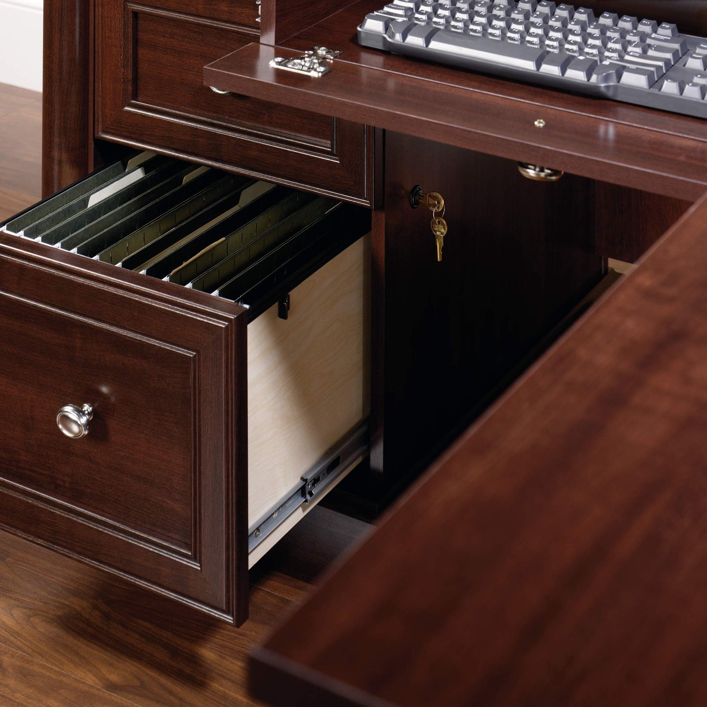 Sauder Palladia L Shaped Desk with Drawers, Office Desk with File Cabinet Storage, Cable Management, Keyboard Tray, in Select Cherry finish