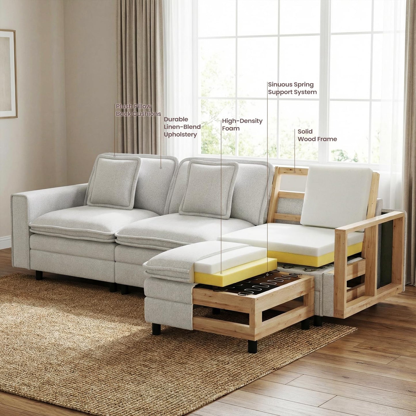 MALOL Modular Sectional Sofa 107", Comfy Cloud Couch with Ottoman, Deep 4-Seat L Shaped Modular Sofa, Couches with Throw Pillows for Living Room, Beige