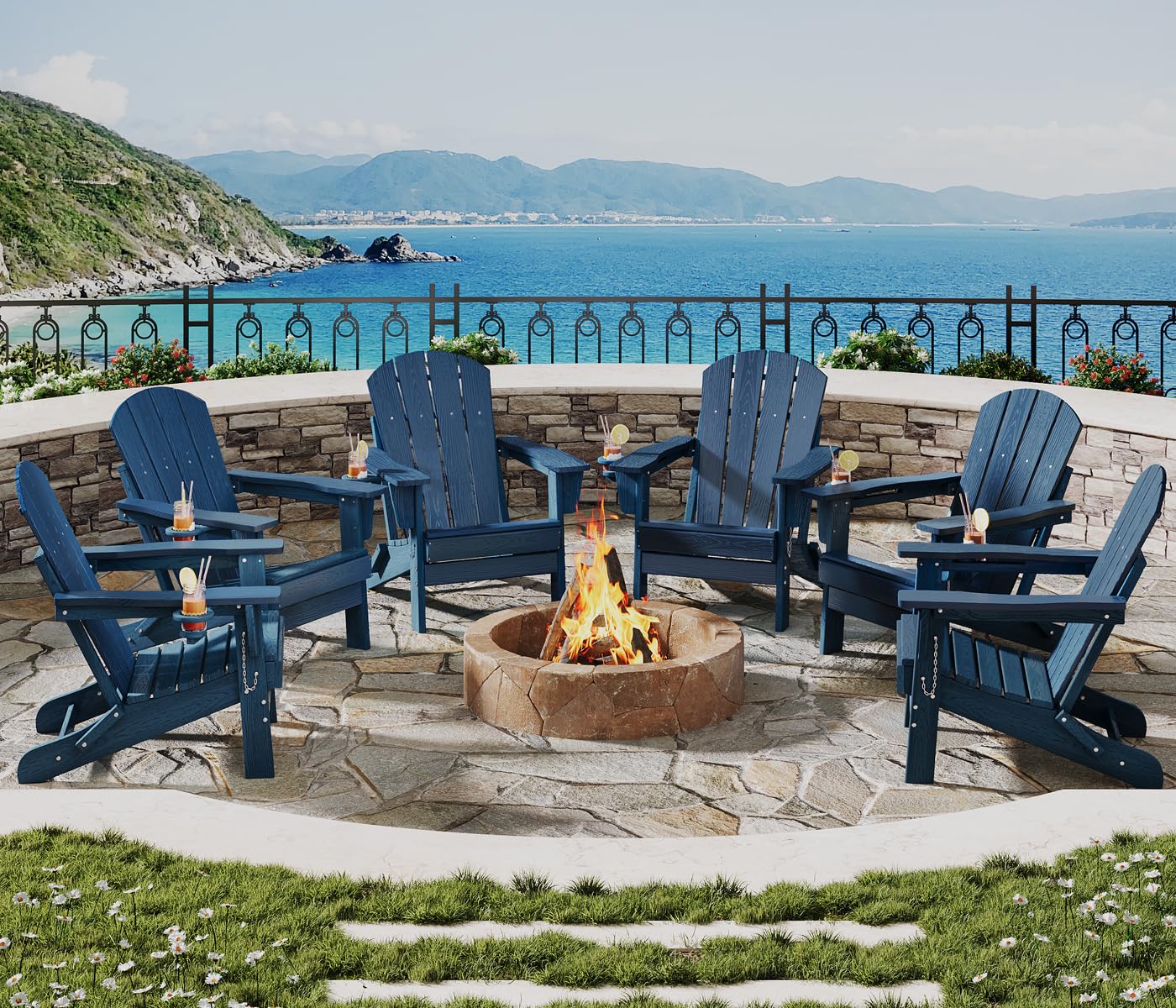 Garvee Folding Adirondack Chair Set of 4 with 2 Side Table, HDPE Outdoor Patio Chair with Cup Holder, All Weather Resistent Wooden Textured for patios, Decks, Gardens, fire Pit, Navy Blue