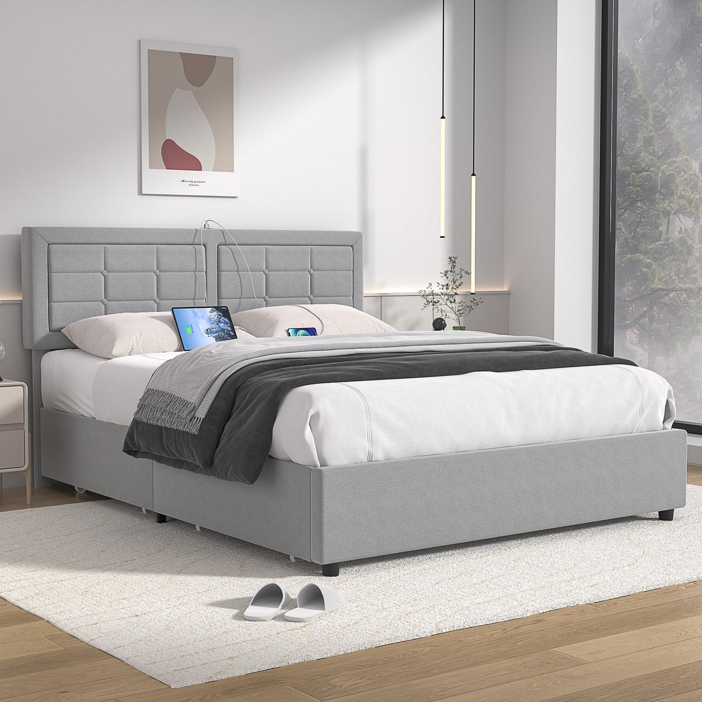 VECELO Queen Size Bed Frame with 4 Storage Drawers & Adjustable Headboard, Built-in Charging Station, Upholstered Bedframe with Wood Slats Support, Light Grey