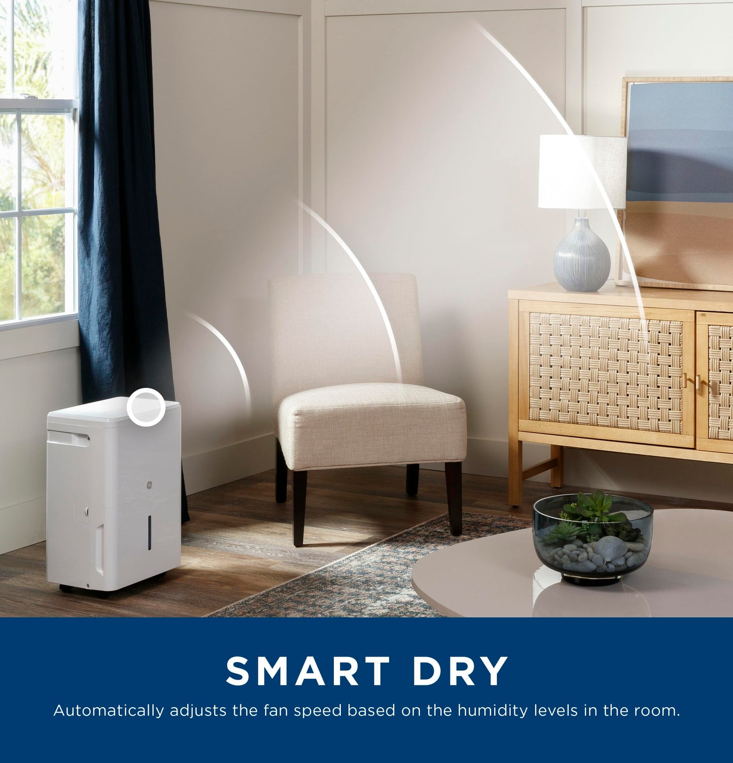 GE Smart Portable Dehumidifier w/WiFi for Basement, Bedroom, Bathroom, Garage, Large Rooms up to 4500 Sq Ft, 50Pint w/Removable Bucket & Continuous Drain Connect for Auto/Manual Drainage