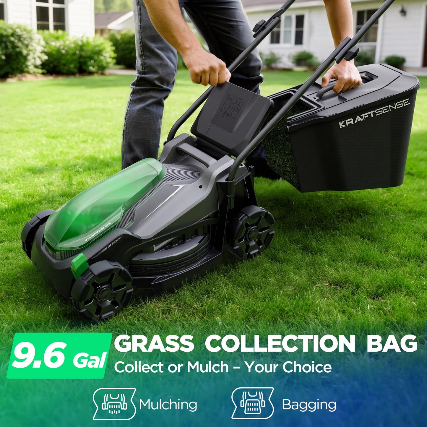 Kraftsense 14" Cordless Lawn Mower, 20V Lightweight Push Mower with 2×5.0Ah Battery, Ultra-Quiet Motor for Small Yards, Lawn Care, Backyard Maintenance