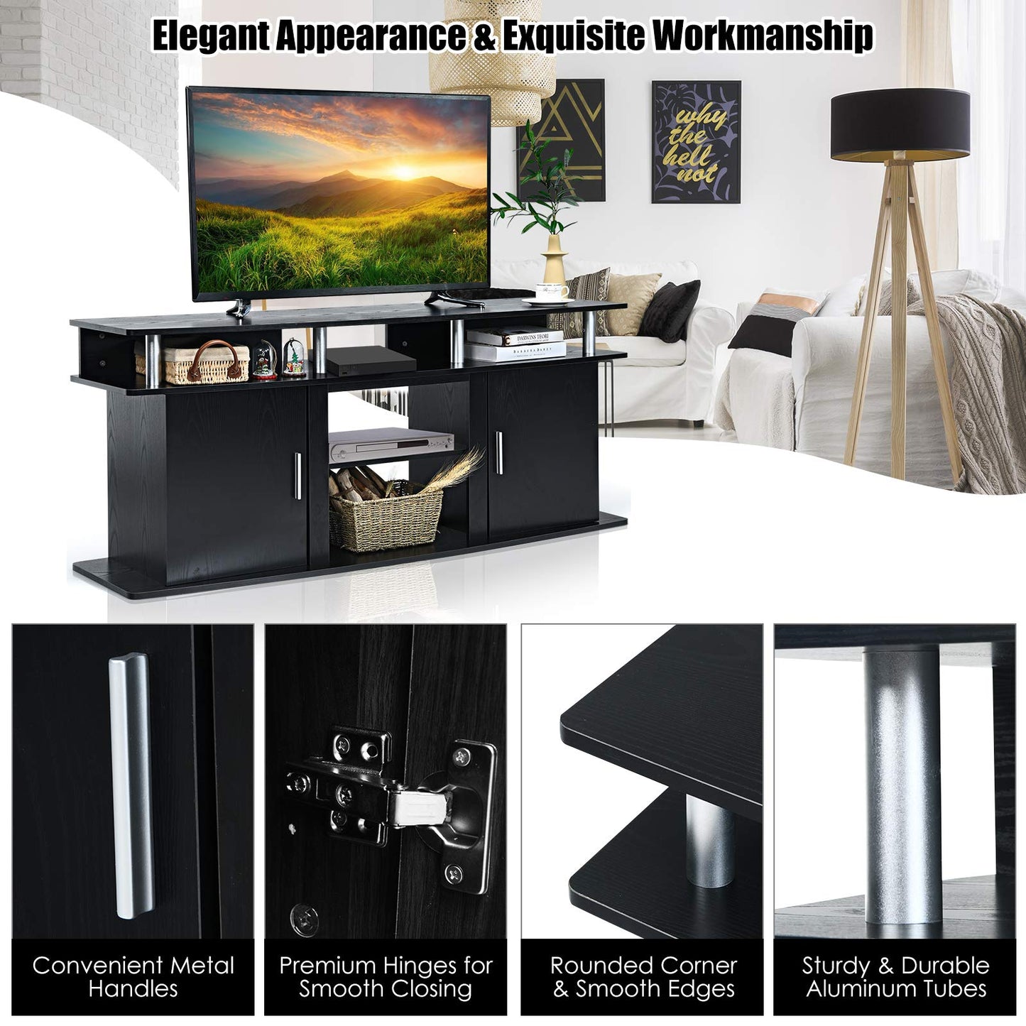 Tangkula Modern TV Stand for TVs up to 70 Inches, Living Room Console Table w/2 Cabinets & Open Shelves, Media Entertainment Center for 18 Inches Electric Fireplace (Not Included) (Black)