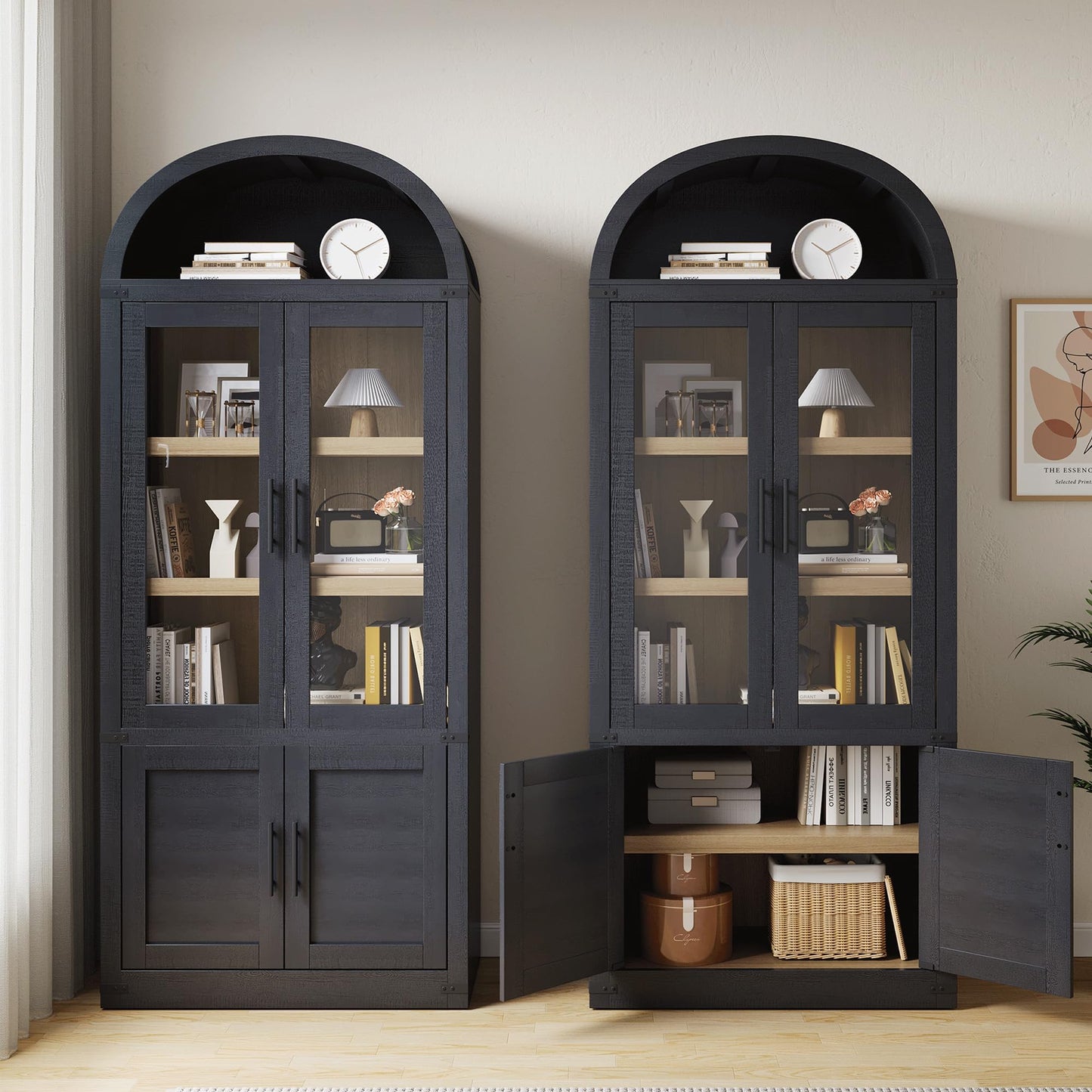 MERXENG Modern 71.6" Kitchen Pantry Cabinet with Doors & Arch Design - 5-Tier Fluted Wood Storage Organizer, Bookshelf for Dining Room, Living Room
