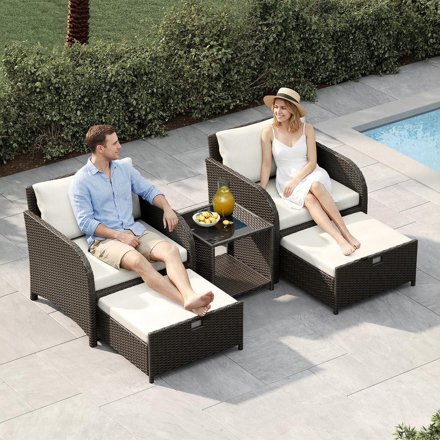 GarveeLife Balcony Furniture 5 Piece Patio Conversation Set, PE Rattan Wicker Outdoor Lounge Furniture with Hidden Ottomans, Soft Cushions & Glass Coffee Table for Porch, Backyard, Balcony, Beige
