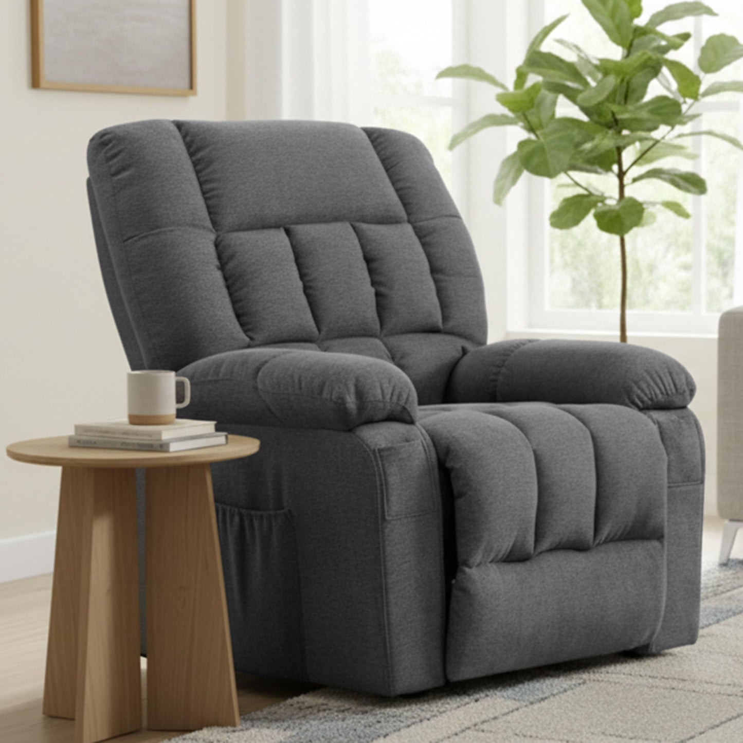 HealSmart Power Lift Recliner Chair with Massage & Heat, Overstuffed Fabric Reclining Chair with Remote, Side Pockets for Living Room & Bedroom, Grey