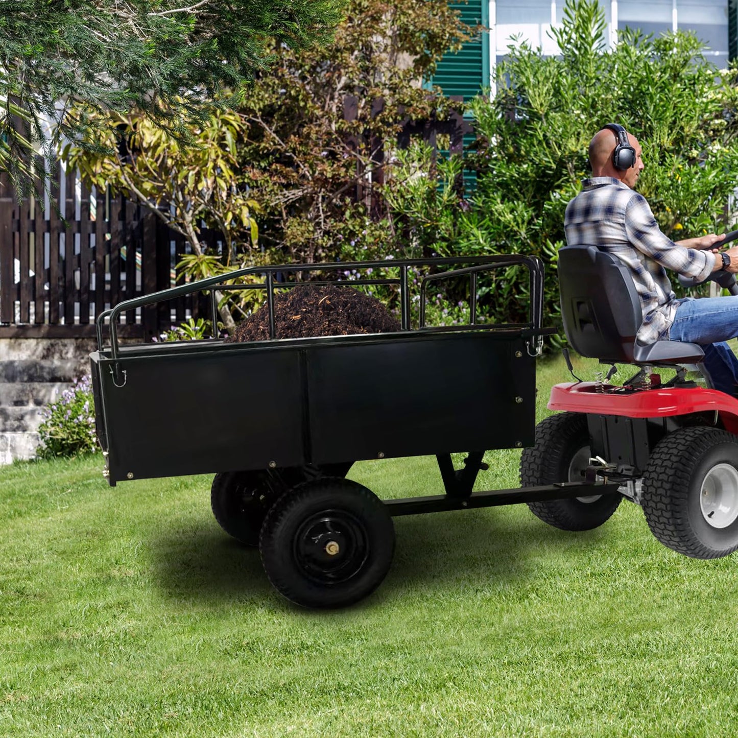 GarveeLife 750 LBS Garden Utility Trailer, 15 Cubic Feet Heavy Duty Steel Dump Cart Feetwith Removable Sides,Hand Pull or Foot Pedal Garden Cart for ATV, UTV, Lawn Mowers and Tractors