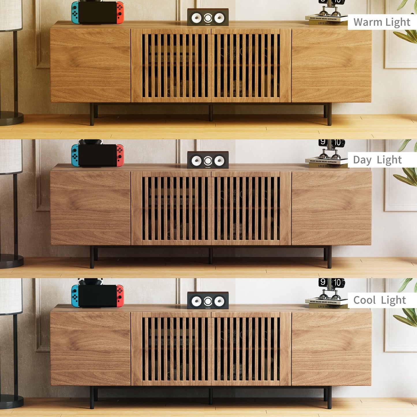 gaoyangjiaju 70.87" Mid Century Modern TV Stand, Walnut Media Console for 70 Inch TVs, Entertainment Cabinet with 4 Storage Compartments for Living Room or Bedroom