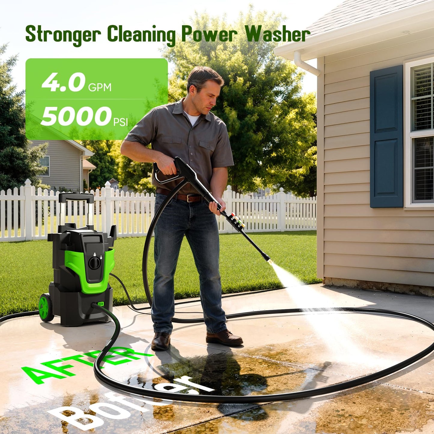 5000PSI Heavy Duty Pressure Washer, 3-Speed Adjustable Power Washer with 2-Stage Pull Rod, 4 Nozzles, Foam Cannon & 500ml Soap Bottle for Car, Home & Outdoor Cleaning,Green