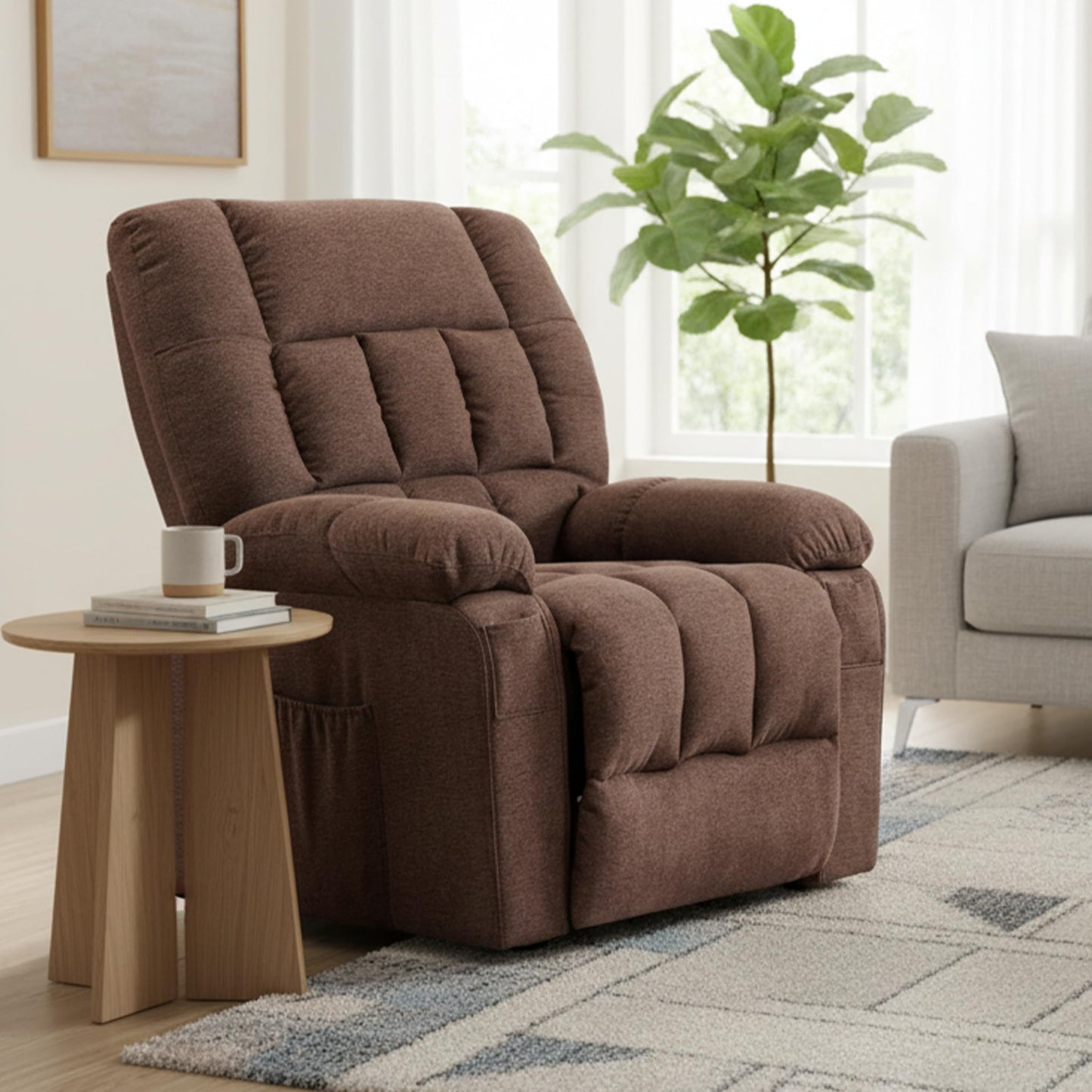 HealSmart Power Lift Recliner Chair with Massage & Heat, Overstuffed Fabric Reclining Chair with Remote, Side Pockets for Living Room & Bedroom, Brown