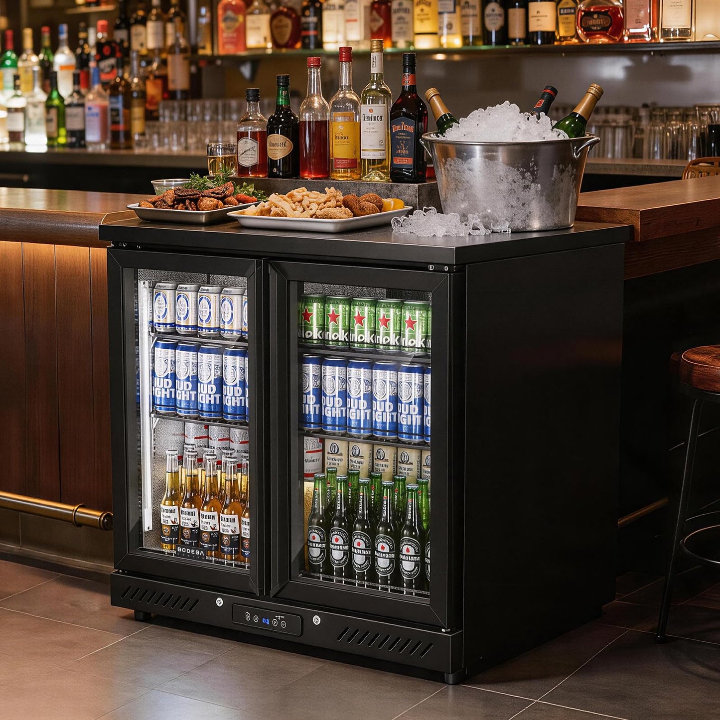 BODEGACOOLER 2 Door Back Bar Cooler, 7.4 Cu.Ft Commercial Beverage Refrigerator, Under Counter Drink Fridge with Glass Doors, Holds 209 Cans/117 Bottles, LED Lighting, Stainless Steel Top & Casters