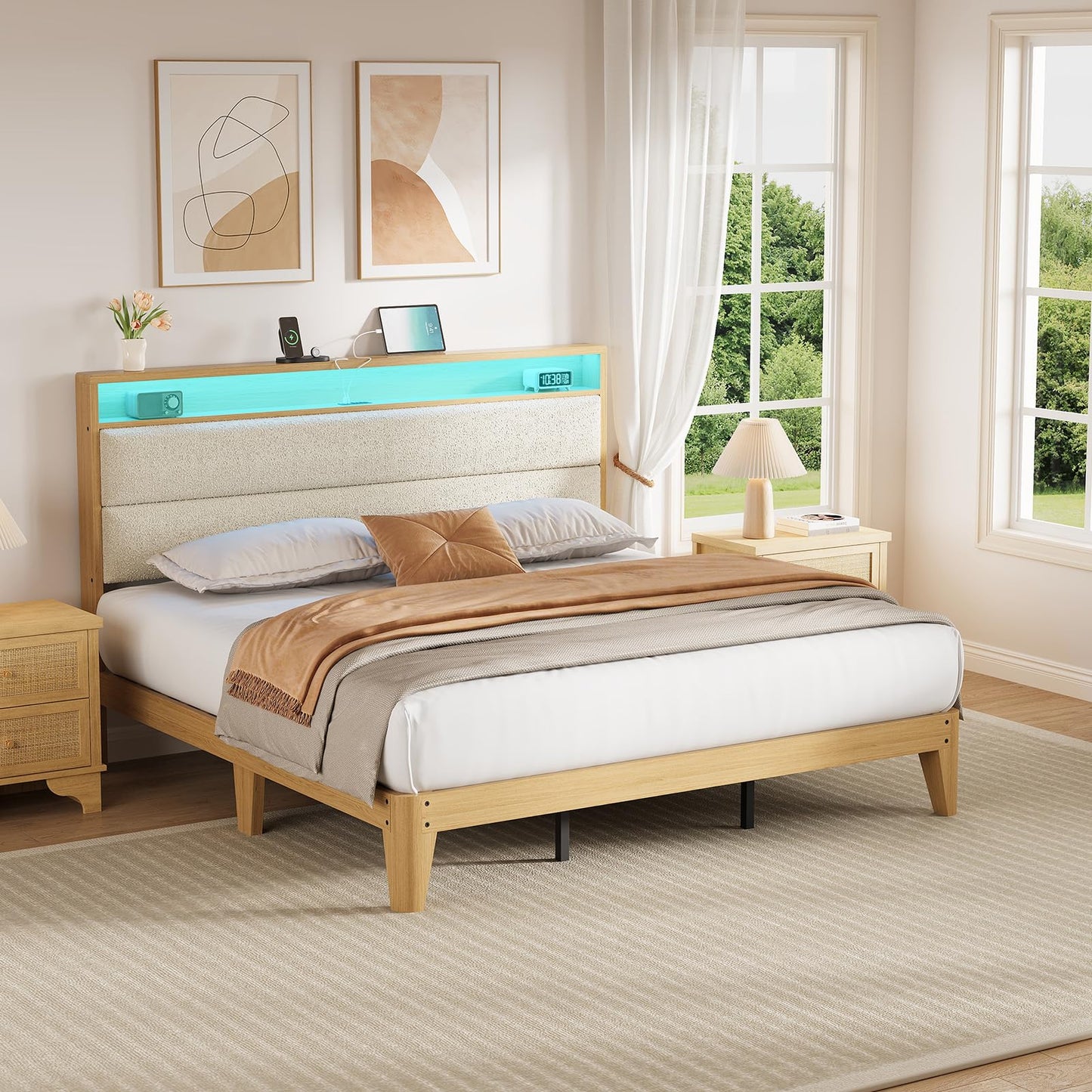 Garvee King Size Bed Frame with Storage Headboard, LED Boucle Bed Frame with Charging Station, Upholstered Platform Bed, No Box Spring Needed, Easy Assembly, Wooden Slats, Cream