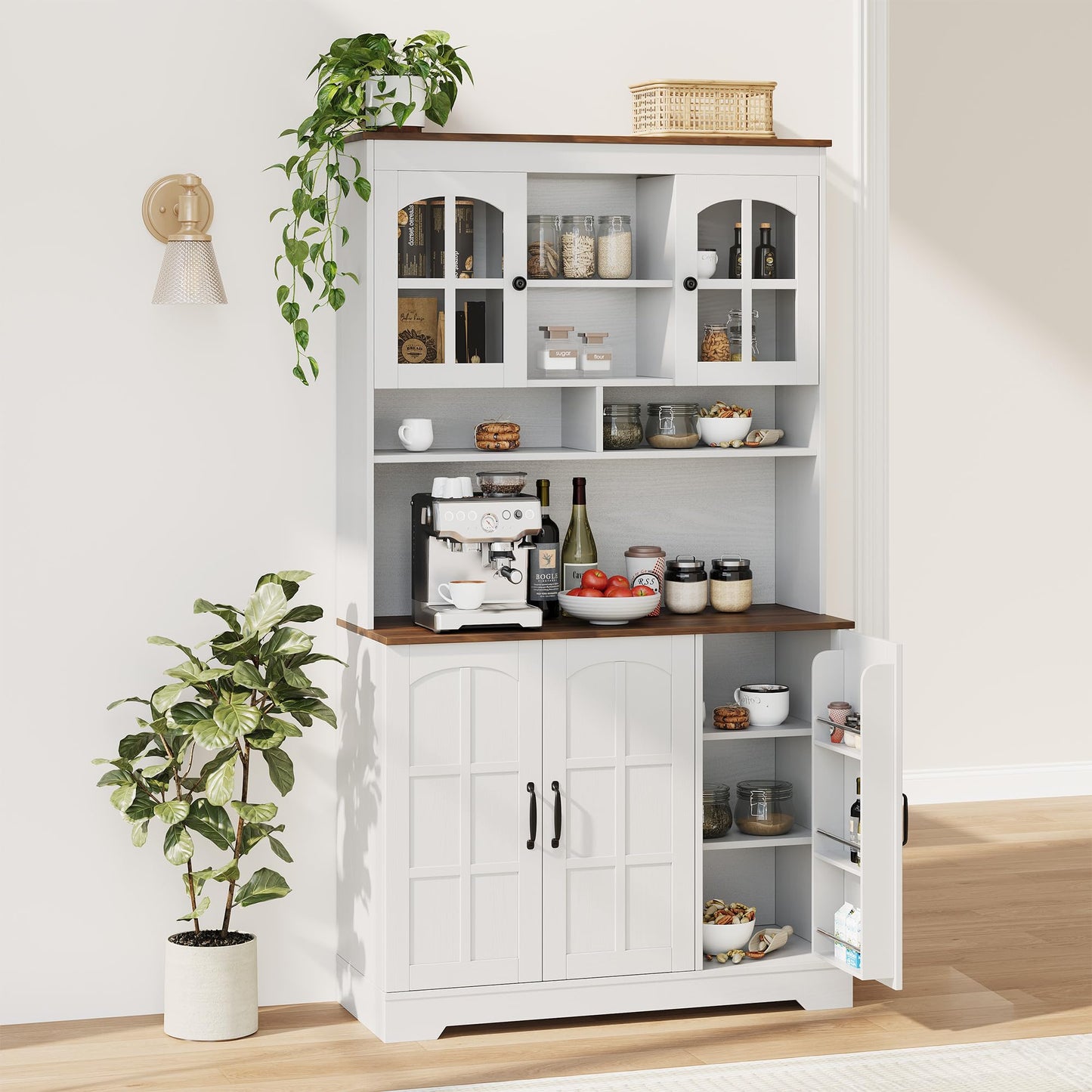 IDEALHOUSE Pantry Cabinet, 70.9 Inch Kitchen Cabinet with Glass Doors, Tall Kitchen Pantry Storage Cabinet with Hutch
