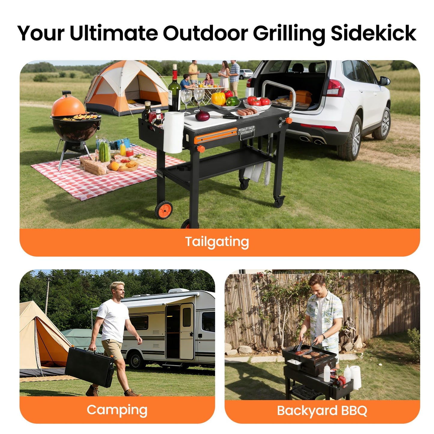 Folding Grill Table for Blackstone 17" & 22" Griddle, Portable Grill Cart with Wheels, 20-Second Tool-Free Setup, 450 lb Heavy Duty Outdoor Cooking Prep Station for Ninja Woodfire Grill & Pizza Oven