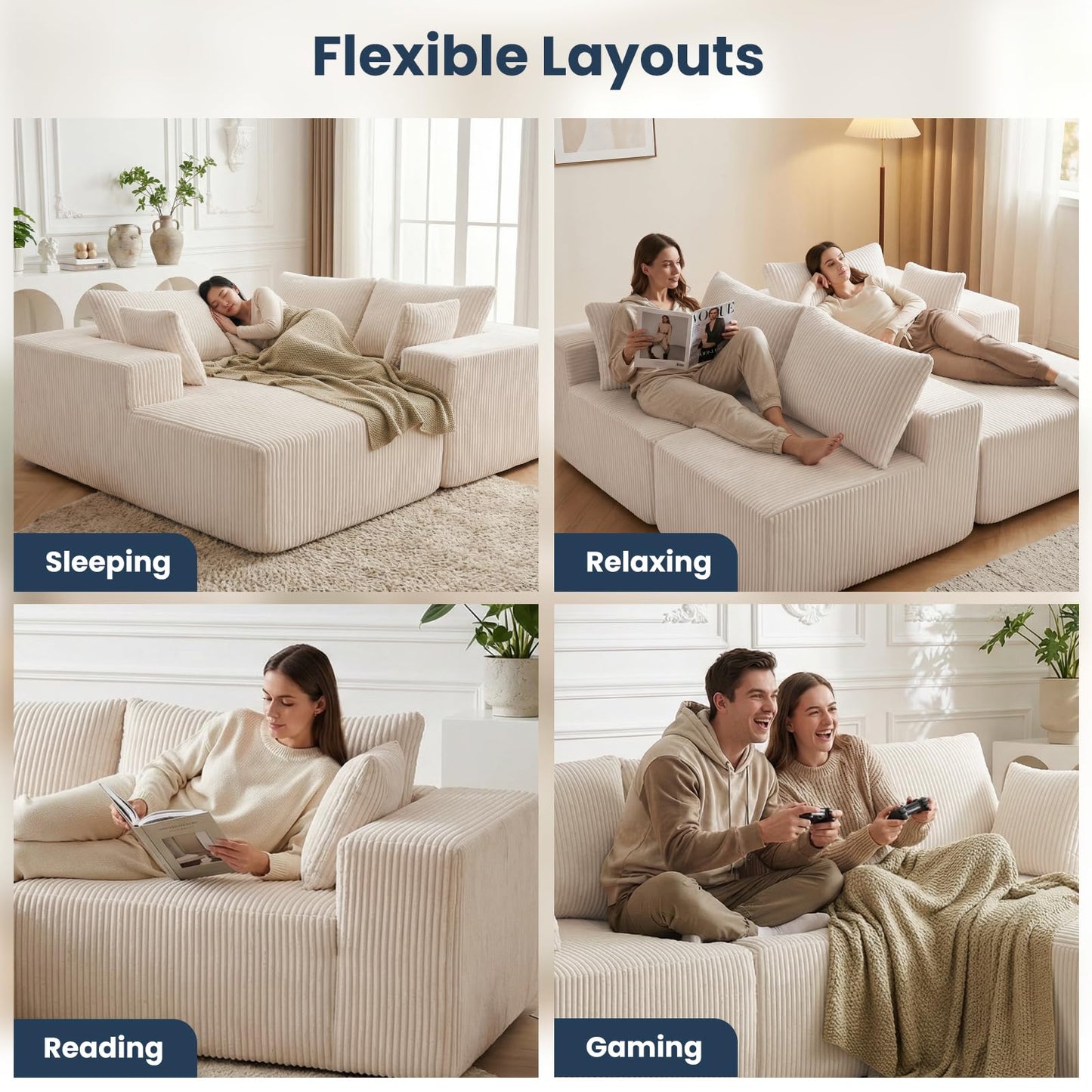 DUMOS 108" Boneless Couch, Cloud Sectional Couch with L-Shape Chaise, Modular Sectional Sofa with Deep Seat, Fluffy Couch for Living Room Bedroom, No Assembly Required, Beige, Right Facing Chaise