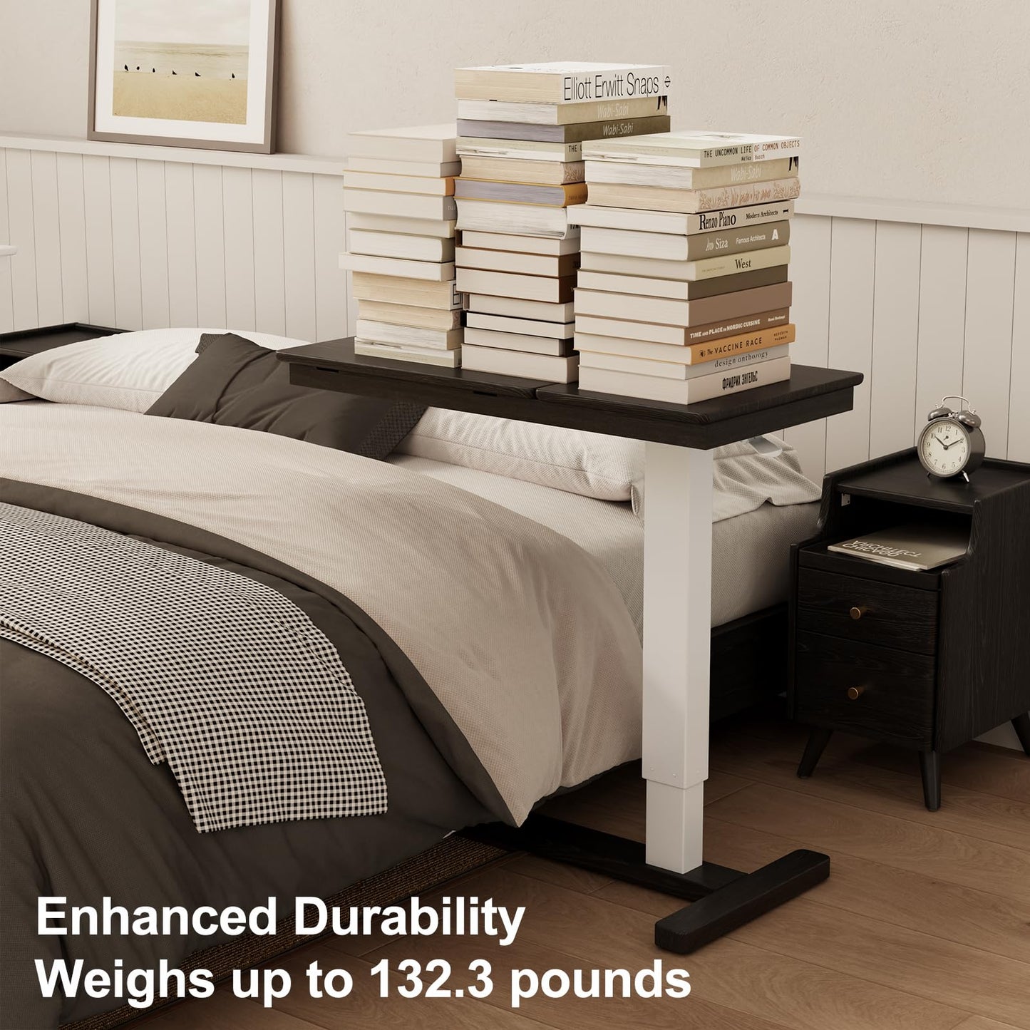 Muwuele Solid Wood Overbed Bedside Table with Wheels,Tilt Top Hospital Bed Table Adjustable Over the Bed,Rolling Bed Desk for Hospital and Home Use (Black)