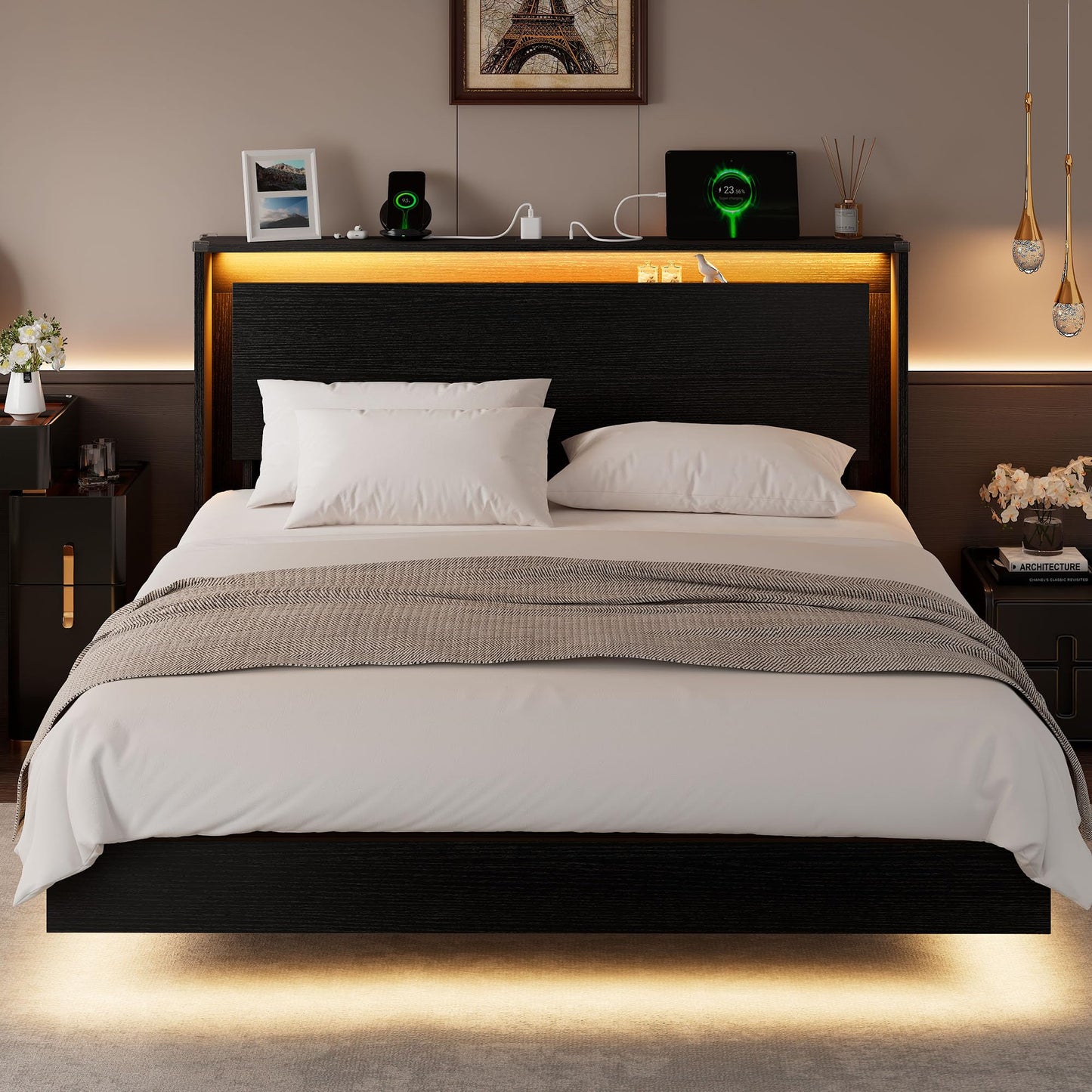 Einhomn Bed Frame Queen Size with LED Lights & Charging Station – Kids Wood Floating Queen Bed Frame with Storage Headboard, Adhesive Slats, Kick-Free & Noise-Free Design, Easy Assembly, Black