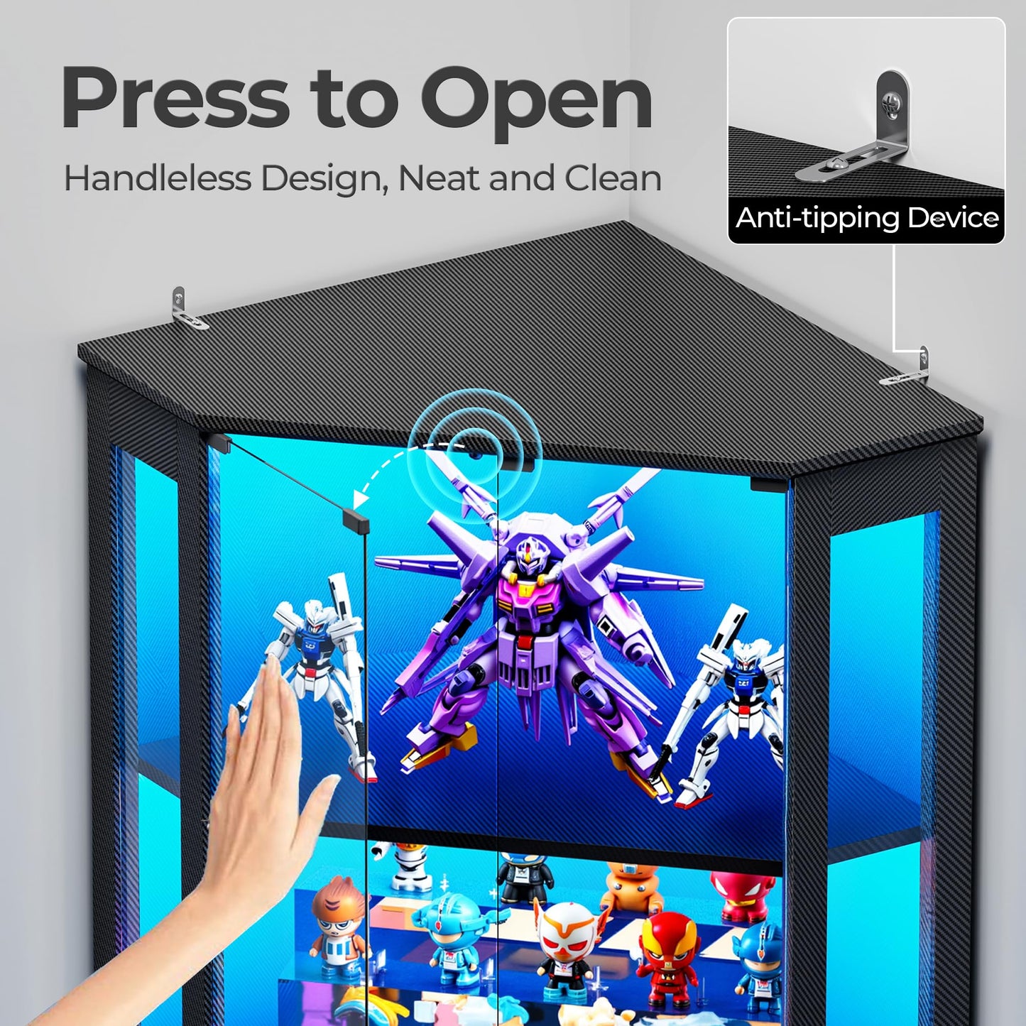 IRONCK 71" Carbon Fiber Corner Glass Display Cabinet, RGB LED Lights with Remote & APP Control, Human Body Sensor, 4-Tier Tempered Glass Display Case with 2 Adjustable Shelves for Collectibles, Black