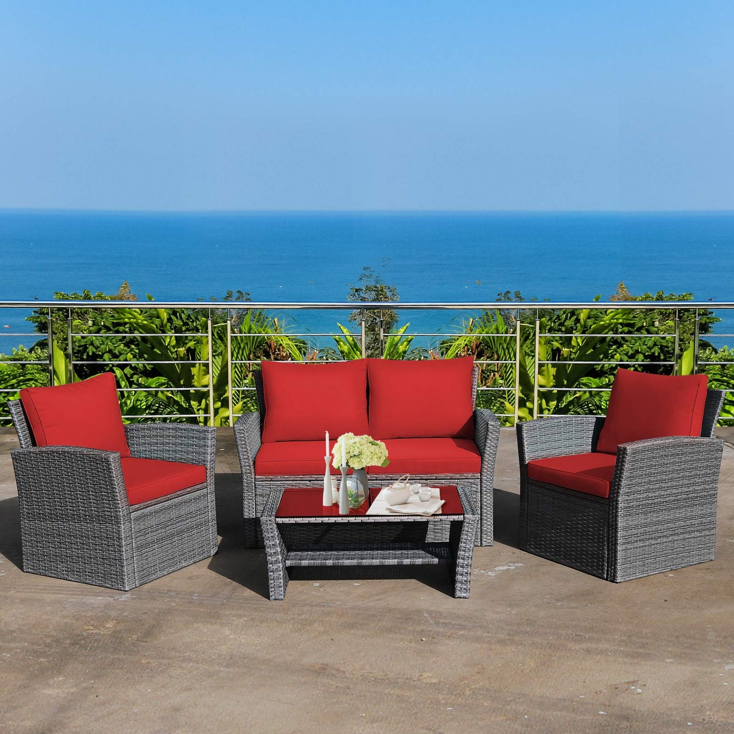Tangkula 4 Pieces Patio Furniture Set, All Weather Outdoor Sectional Rattan Sofa Set with Cushions & Tempered Glass Table, Wicker Conversation Couch Set for Backyard Garden Poolside
