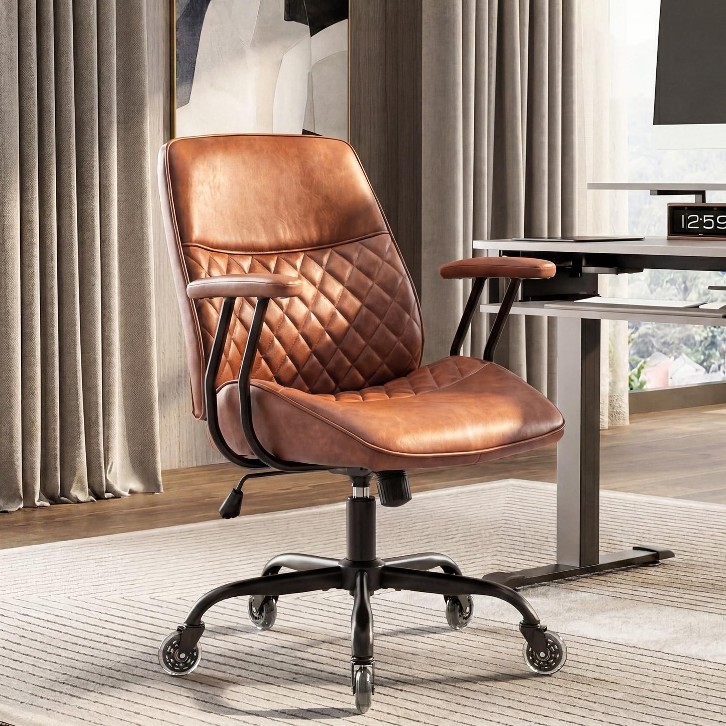 NEO Chair Ergonomic Leather Office Desk Chair with Fixed Armrests Mid Back Lumbar Support Swivel Executive Computer Chair with Wheels Comfy Home Office Chair for Adults (Brown)