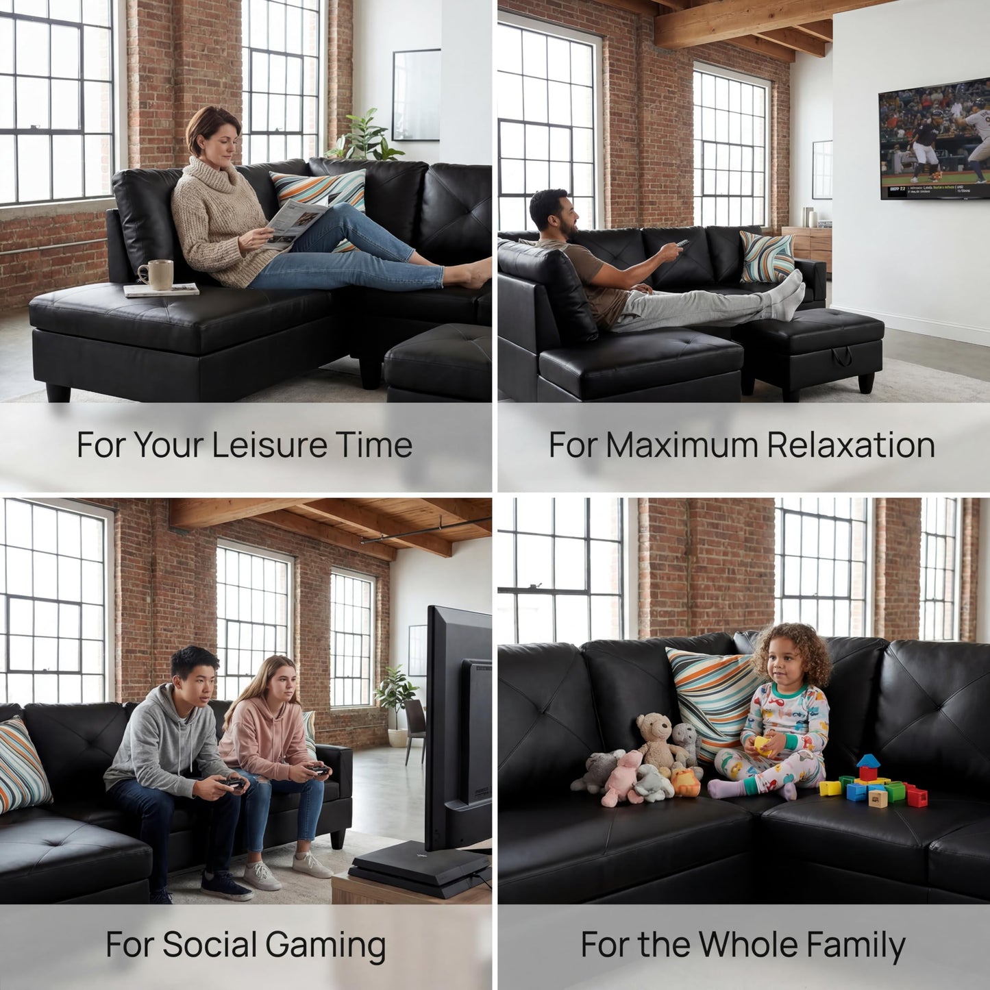 Topcomfy Leather L Shaped Sectional Couches for Living Room - 97.5“ x 66.5" Modular Sectional Sofa with Storage Ottoman, 4 Seat Home Sofa Living Room Furniture Sets with Chaise for Apartment, Black