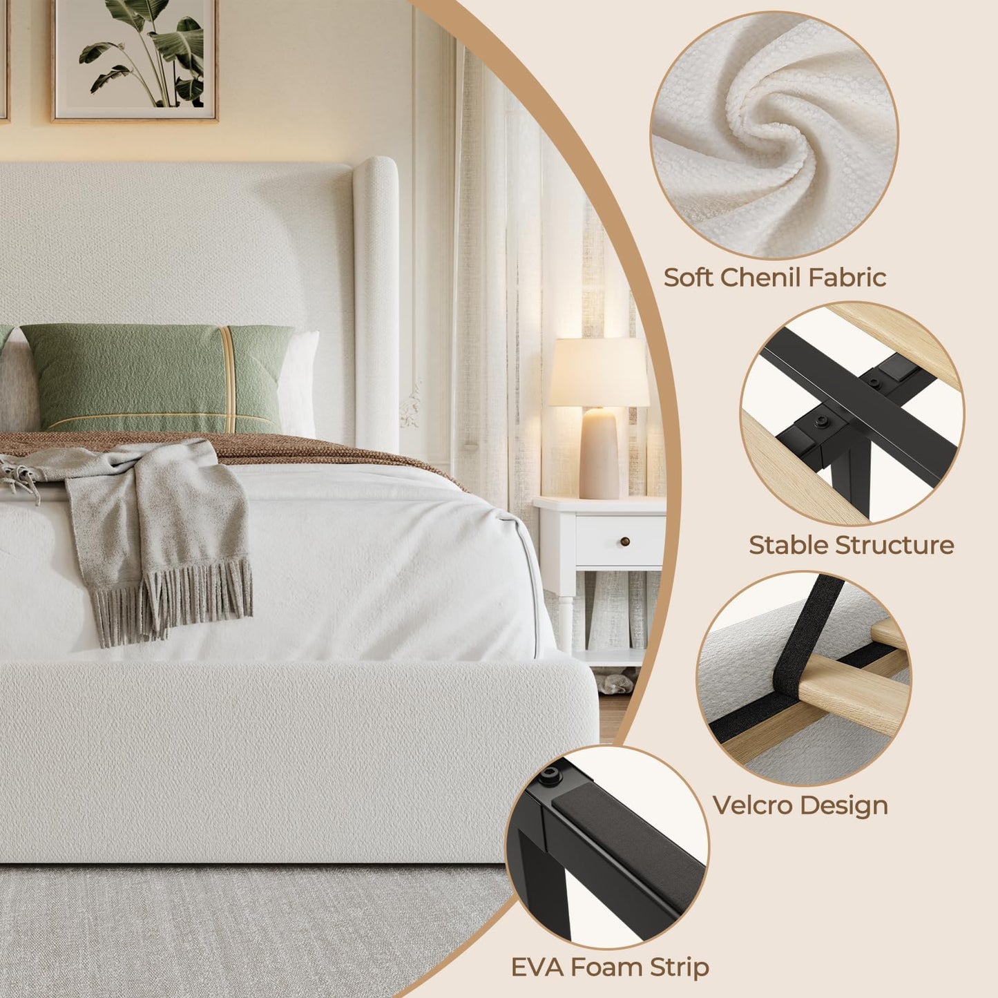 Hizyrina Queen Size Upholstered Bed Frame with 47" Wingback Headboard & LED Lights, Chenille Platform Bedframe with Wooden Slat Support, Non-Slip/Noise-Free/No Box Spring Needed/Easy Assembly, White
