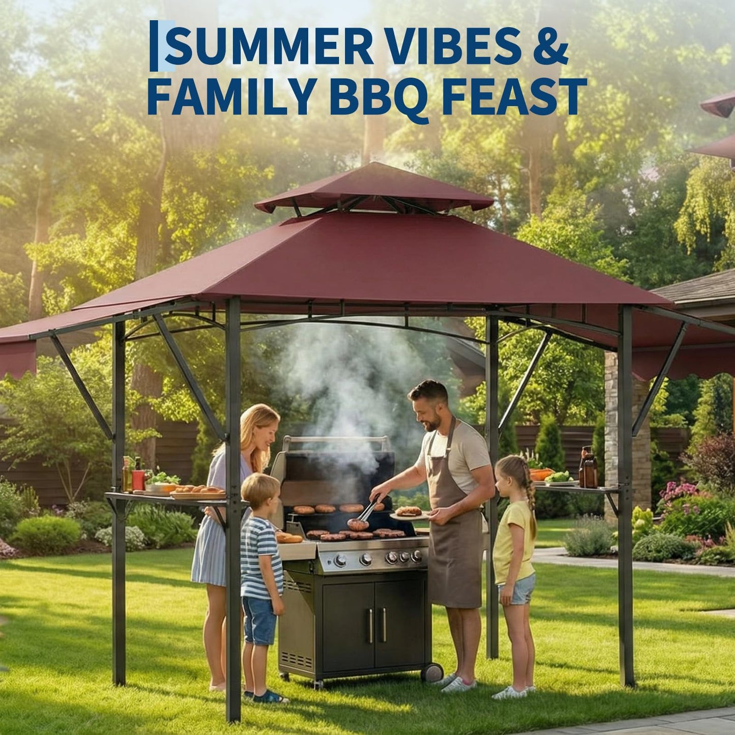 Garvee 8x5 Grill Gazebo Outdoor BBQ Canopy, Double Tier Patio Grill Shelter with Adjustable Dual Side Awnings, 2 Handy Shelves, Hooks & Ceiling Light Hook, Heavy Duty Steel Frame for Backyard-Claret