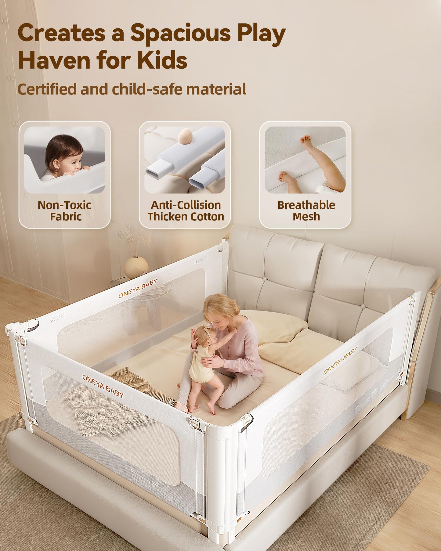 ONEYA BABY 3 Pack Bed Rail for Toddlers with Height Adjustable for Queen Size Bed, White/Grey,78.7x78.7x60 Inches