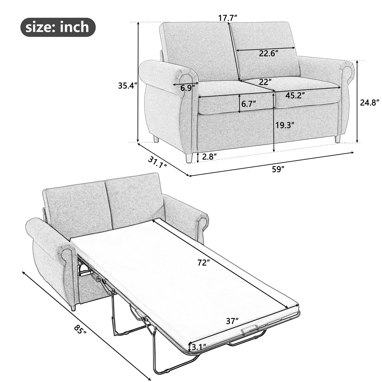 Sleeper Couch Small Sofa for Living Room or Bedroom Including Pull Out Bed