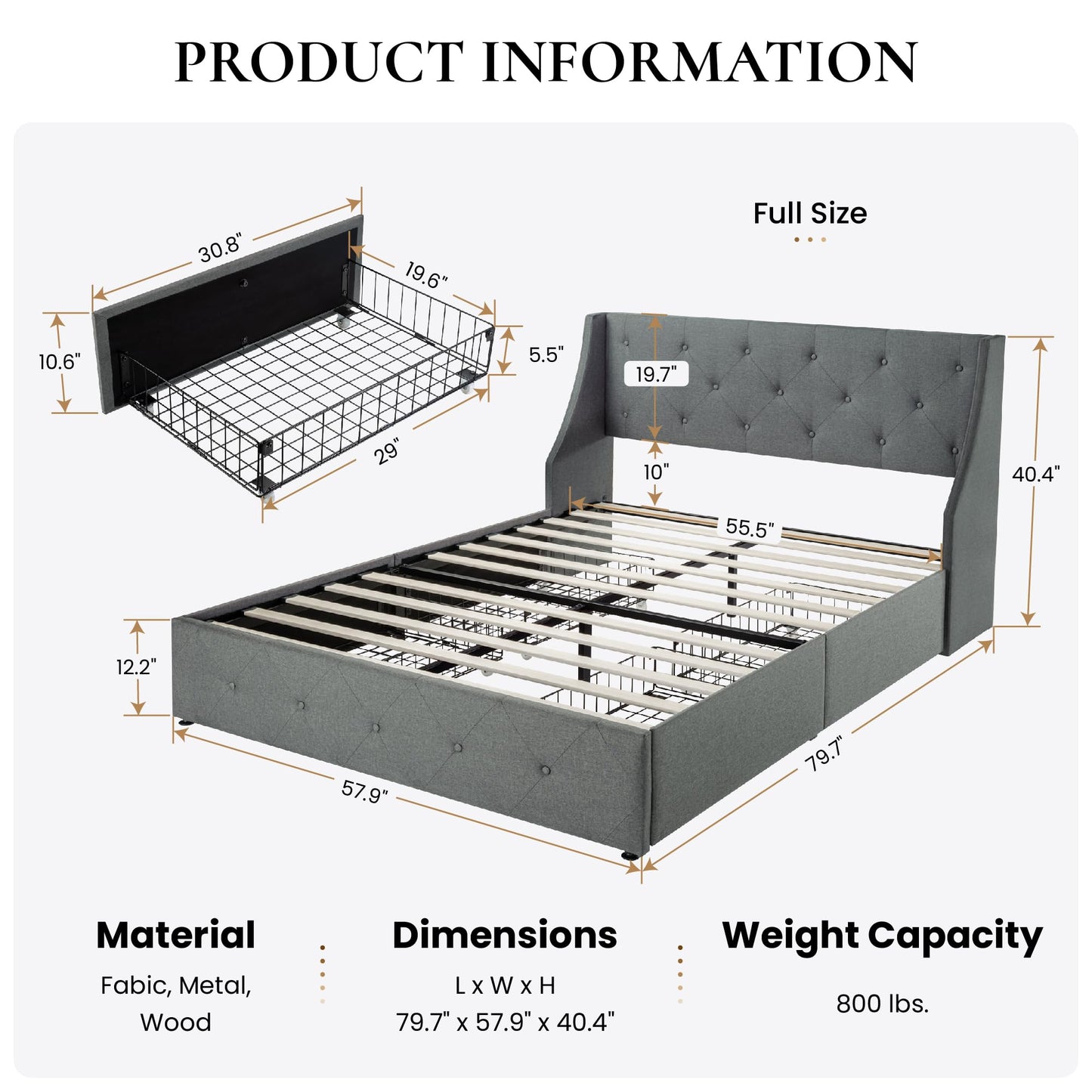 SHA CERLIN Upholstered Full Size Platform Bed Frame with 4 Storage Drawers and Wingback Headboard, Diamond Stitched Button Tufted Design, No Box Spring Needed, Light Grey