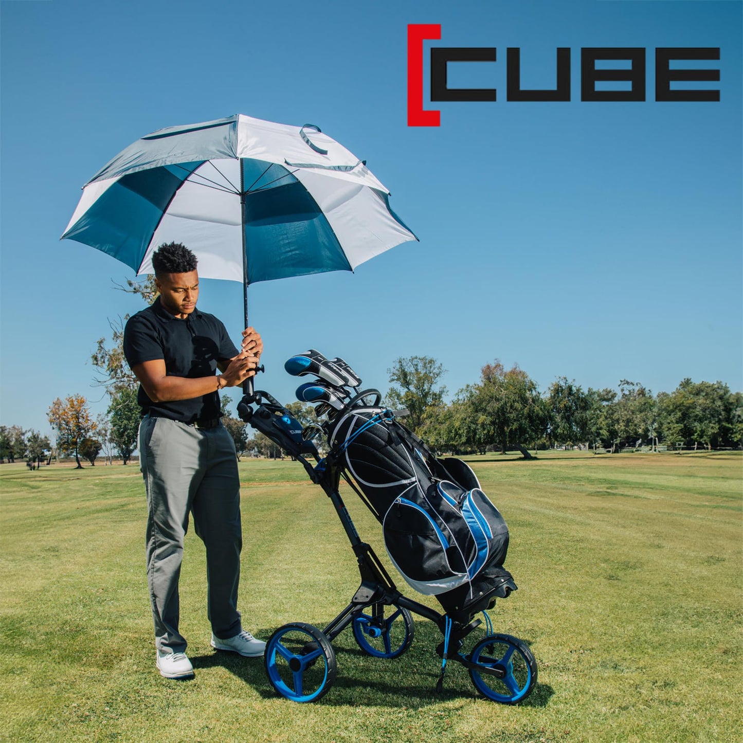 CUBE CART 3-Wheel Golf Push Cart – Ultra-Compact 14.5 lb Folding Golf Trolley, Two-Step Fold, Adjustable Handle, Foot Brake, Umbrella Holder & Built-in Storage - Charcoal/Lime