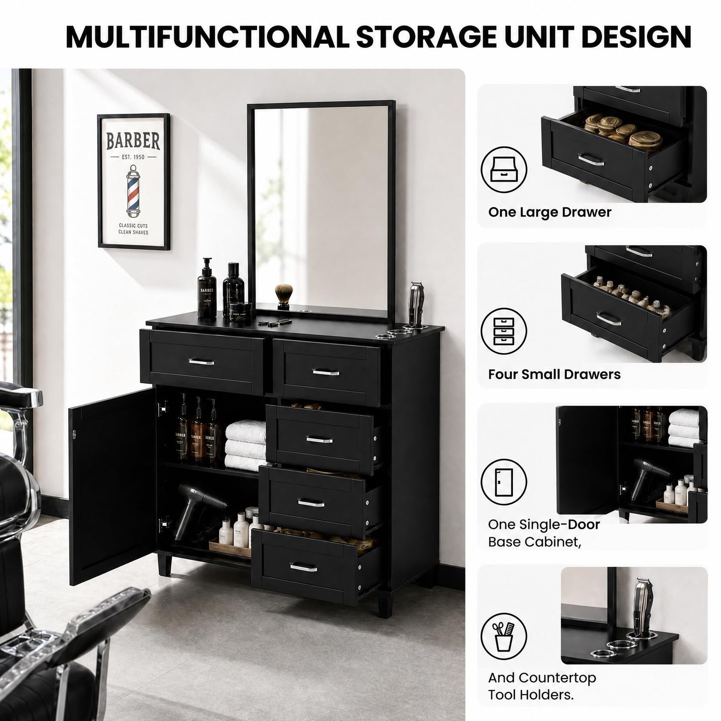 Merax Barber Salon Station with Mirror, Metal Frame Workstation for Salons, Barber Storage Cabinet with Drawers, Desktop Storage Holes, Freestanding Beauty Station for Hair Salon, Black