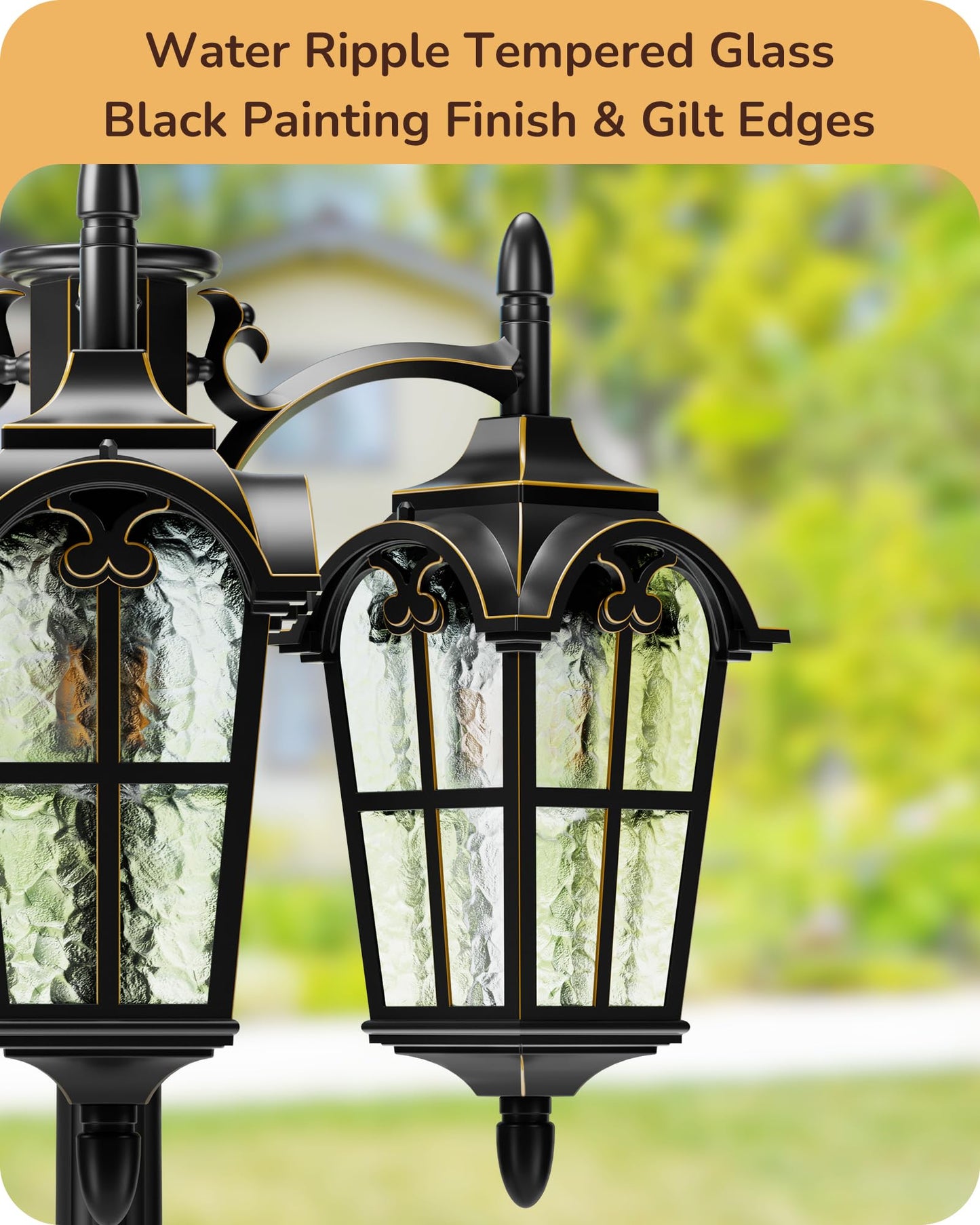 EDISHINE 3-Head Outdoor Lamp Post Light, Aluminum, Extra Large, Black and Gold, Model HOPL05A