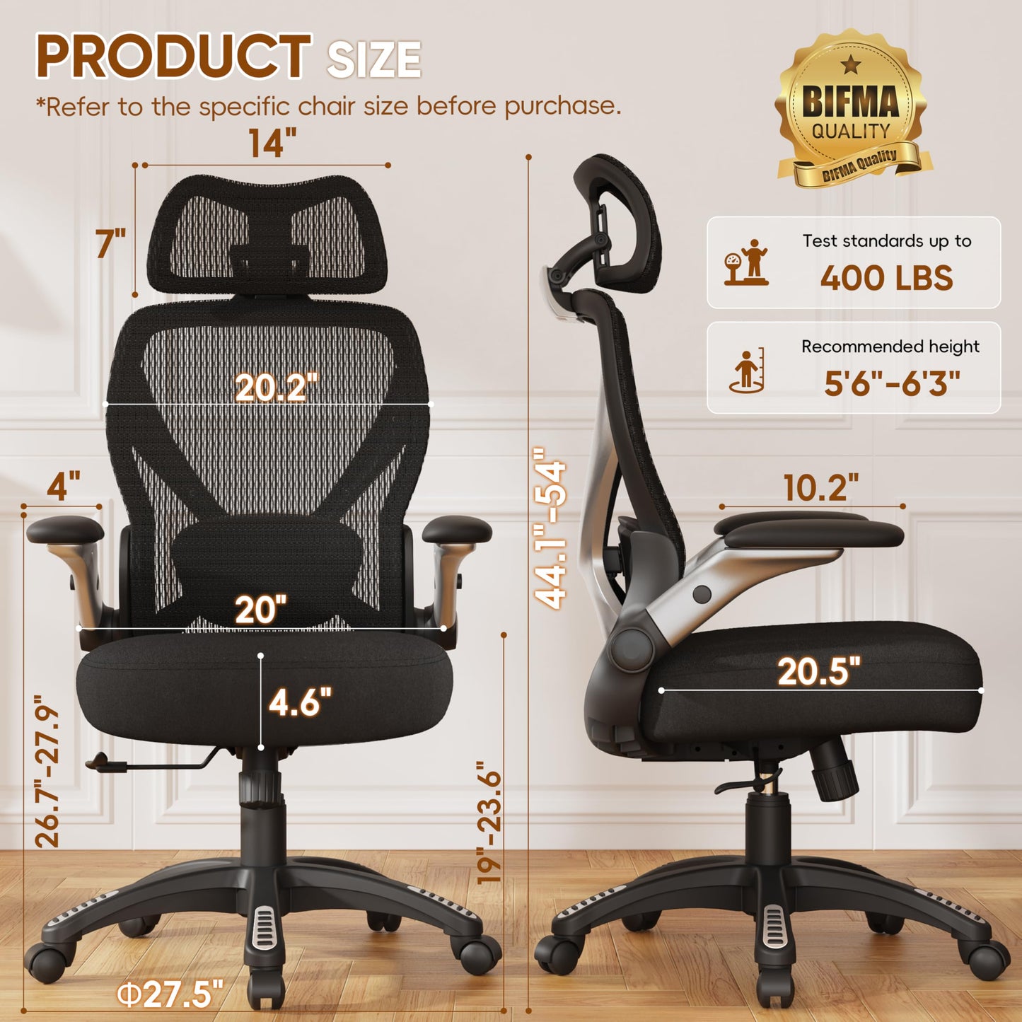 GABRYLLY Ergonomic Office Chair, Big and Tall Mesh Chair with Adjustable Lumbar Support, 5D Arms & Wide Seat, 135° Recline Home Desk Computer Chairs for Work Gaming, Heavy Duty,400LBS - Black